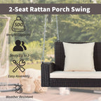 2-Person Wicker Hanging Porch Swing with Chains, Cushion, Pillow, Rattan Swing Bench for Garden, Backyard, Pond.