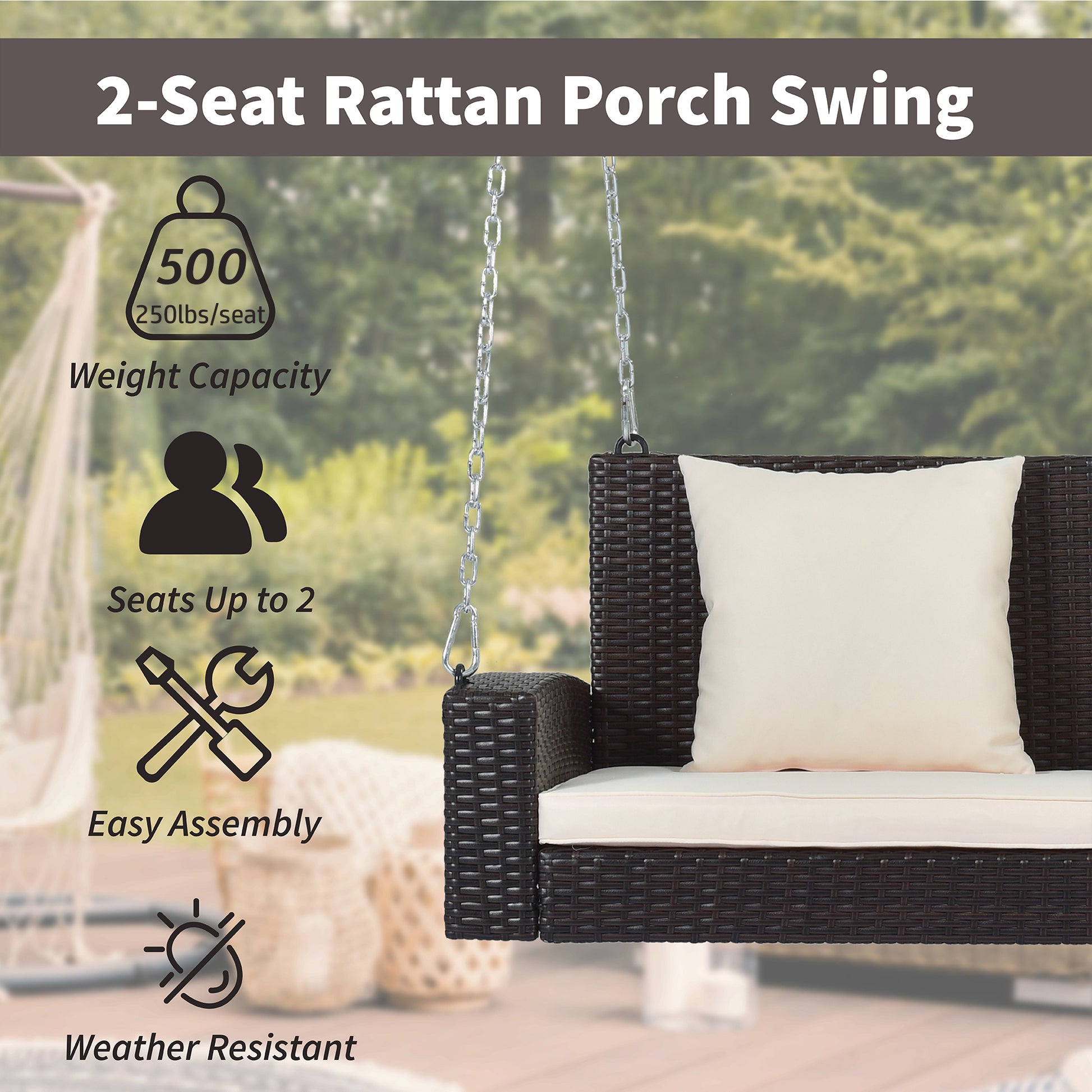 2-Person Wicker Hanging Porch Swing with Chains, Cushion, Pillow, Rattan Swing Bench for Garden, Backyard, Pond.