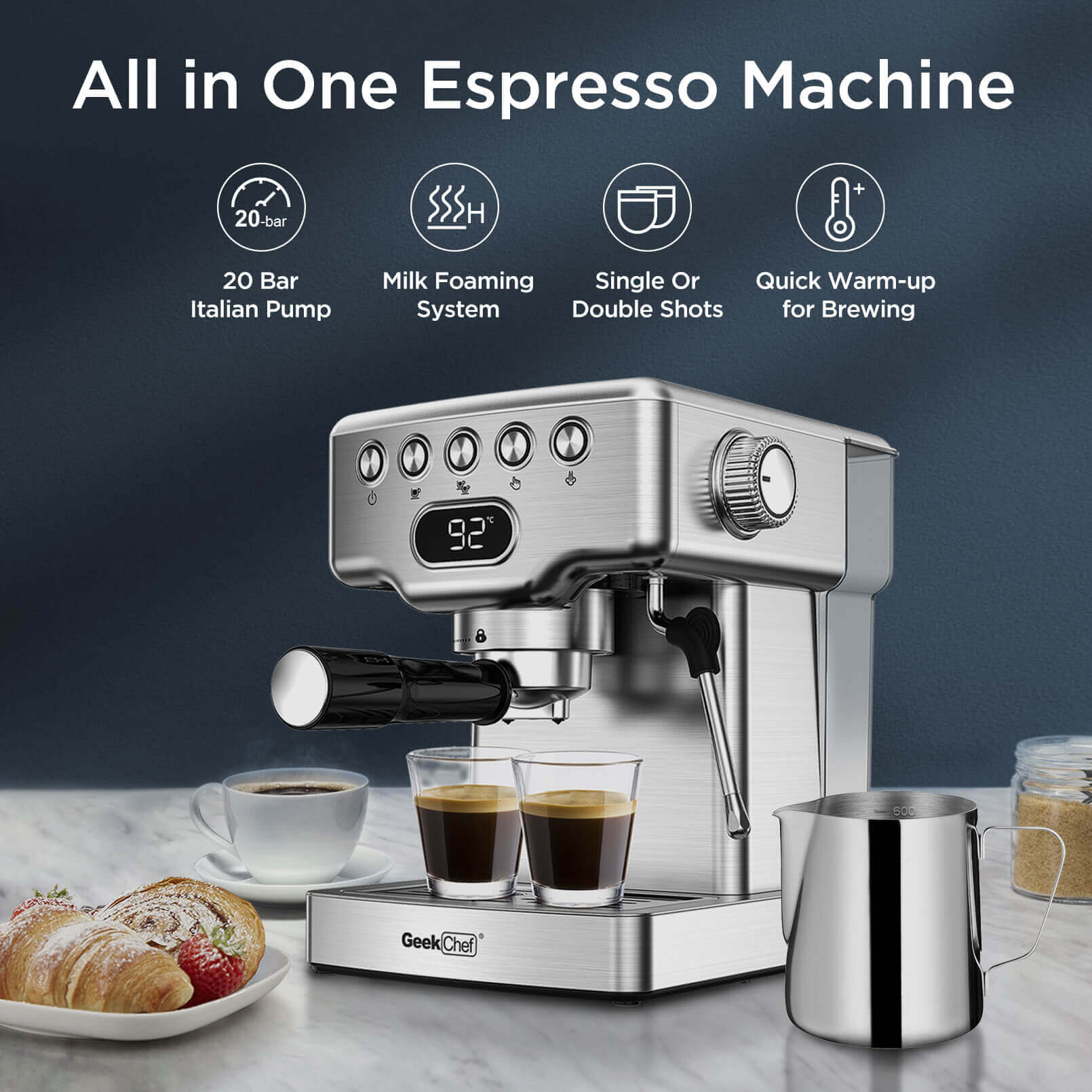  Geek Chef Espresso Machine, 20 Bar Espresso Maker with Milk  Frother Steam Wand, Compact Coffee Machine with for Cappuccino,Latte, Fast  Heating, Stainless Steel: Home & Kitchen