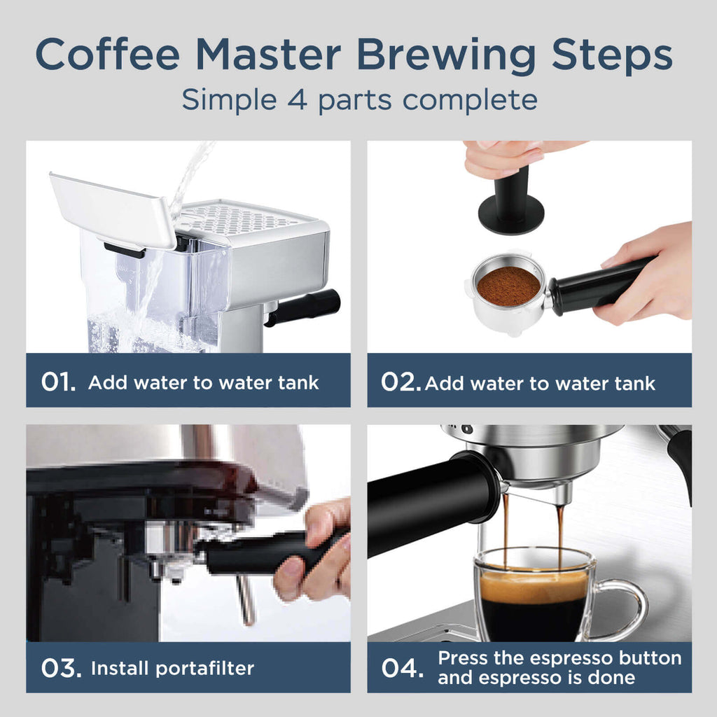 Espresso Machine / 20 Bar Coffee Machine with Milk Frother Steam Wand / Latte & Cappuccino Home Maker with ESE Filters, Stainless Steel