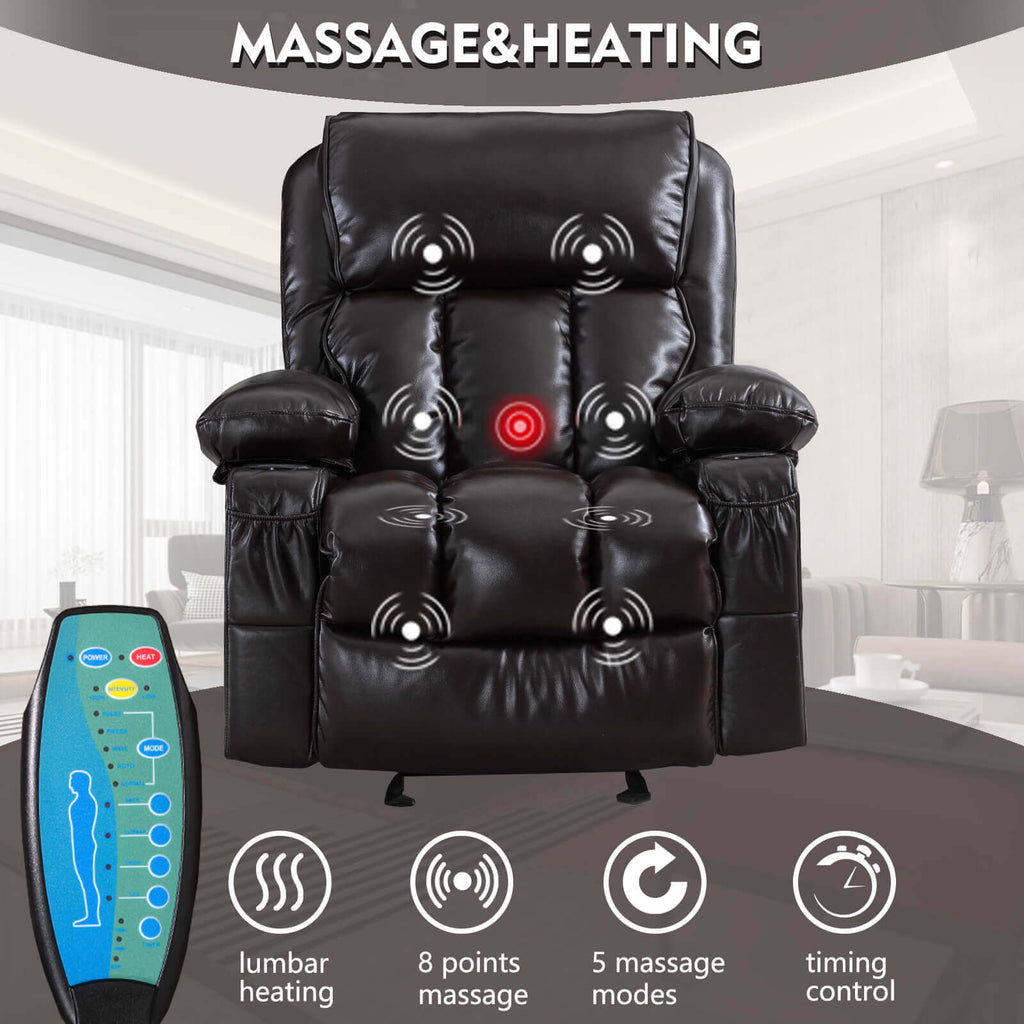Arttoreal Rocking Chair Recliner Chair with Massage and Heating / Single Sofa Lounge Chair for Living Room with 2 Cup Holders and Side Pocket
