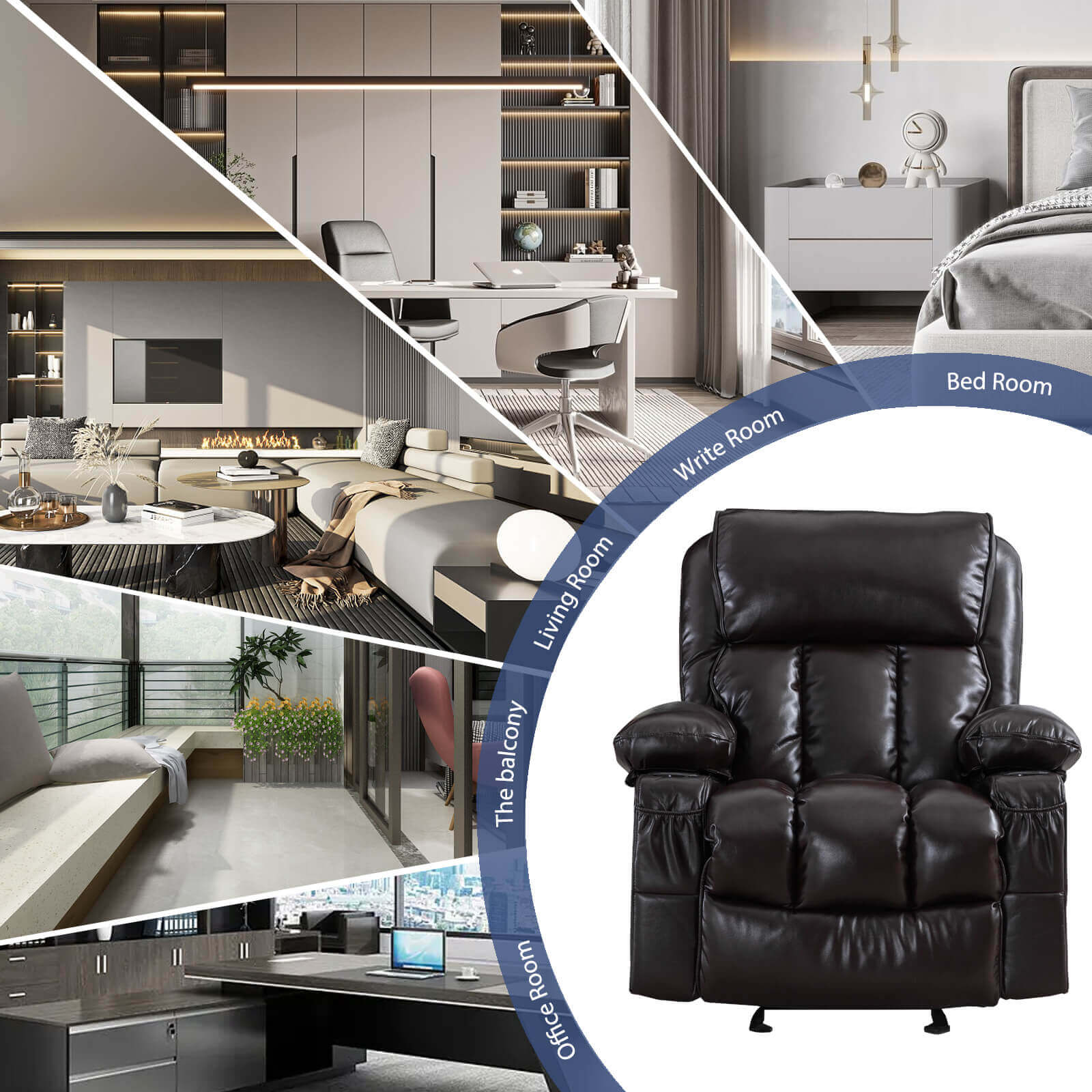 Arttoreal Rocking Chair Recliner Chair with Massage and Heating / Single Sofa Lounge Chair for Living Room with 2 Cup Holders and Side Pocket