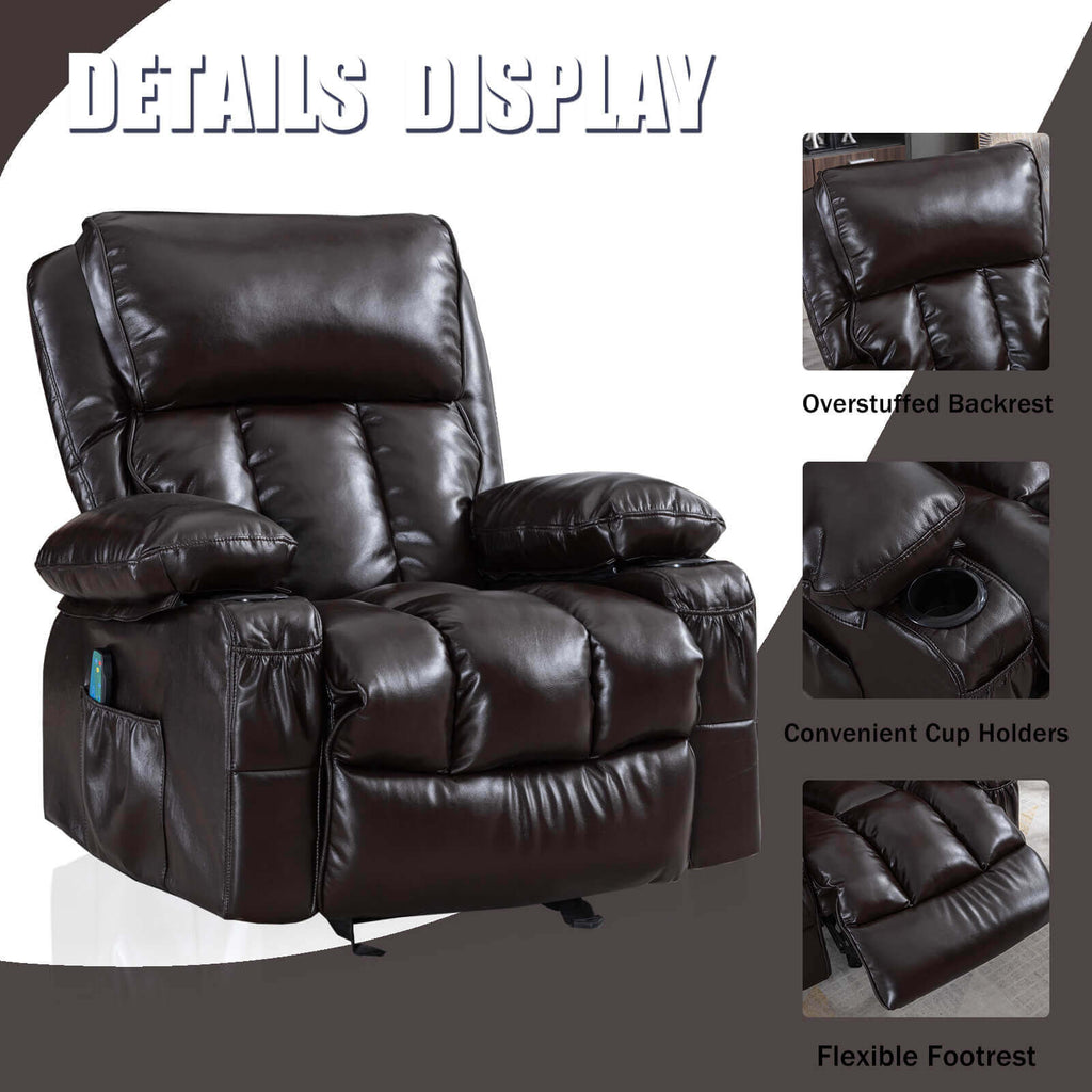 Arttoreal Rocking Chair Recliner Chair with Massage and Heating / Single Sofa Lounge Chair for Living Room with 2 Cup Holders and Side Pocket