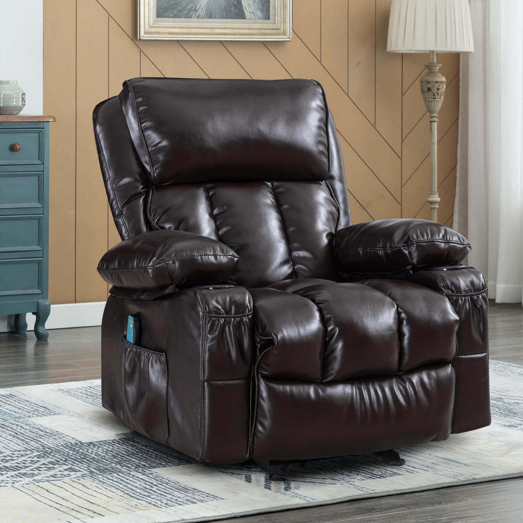 Arttoreal Rocking Chair Recliner Chair with Massage and Heating / Single Sofa Lounge Chair for Living Room with 2 Cup Holders and Side Pocket