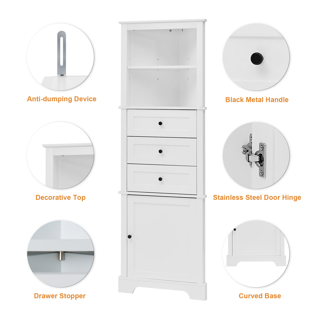 Triangle Tall Cabinet with 3 Drawers and Adjustable Shelves for Bathroom, Kitchen or Living Room, MDF Board with Painted Finish