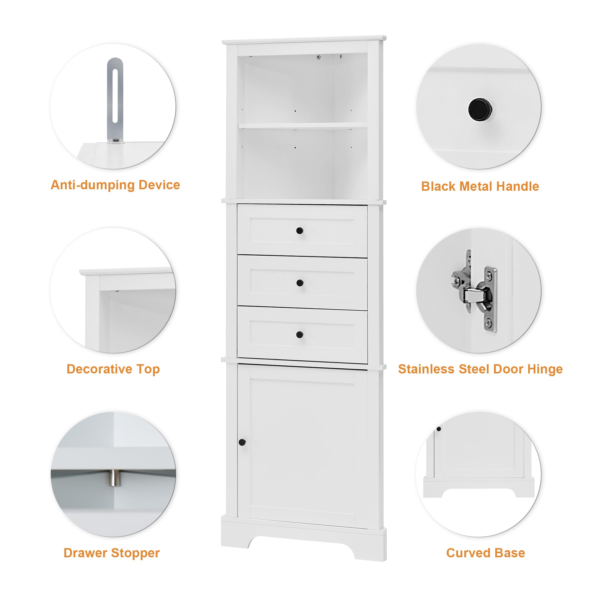 Triangle Tall Cabinet with 3 Drawers and Adjustable Shelves for Bathroom, Kitchen or Living Room, MDF Board with Painted Finish