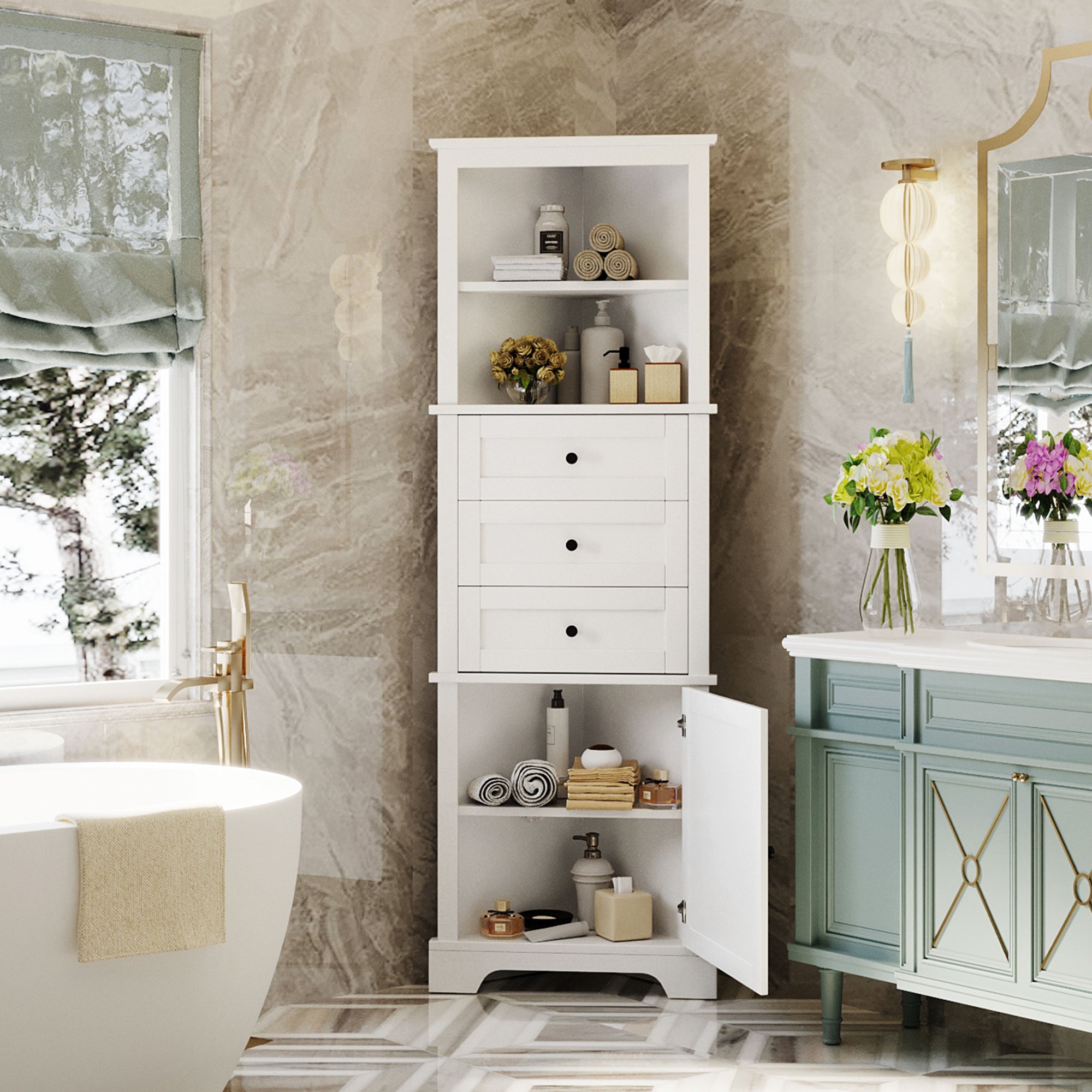 Triangle Tall Cabinet with 3 Drawers and Adjustable Shelves for Bathroom, Kitchen or Living Room, MDF Board with Painted Finish