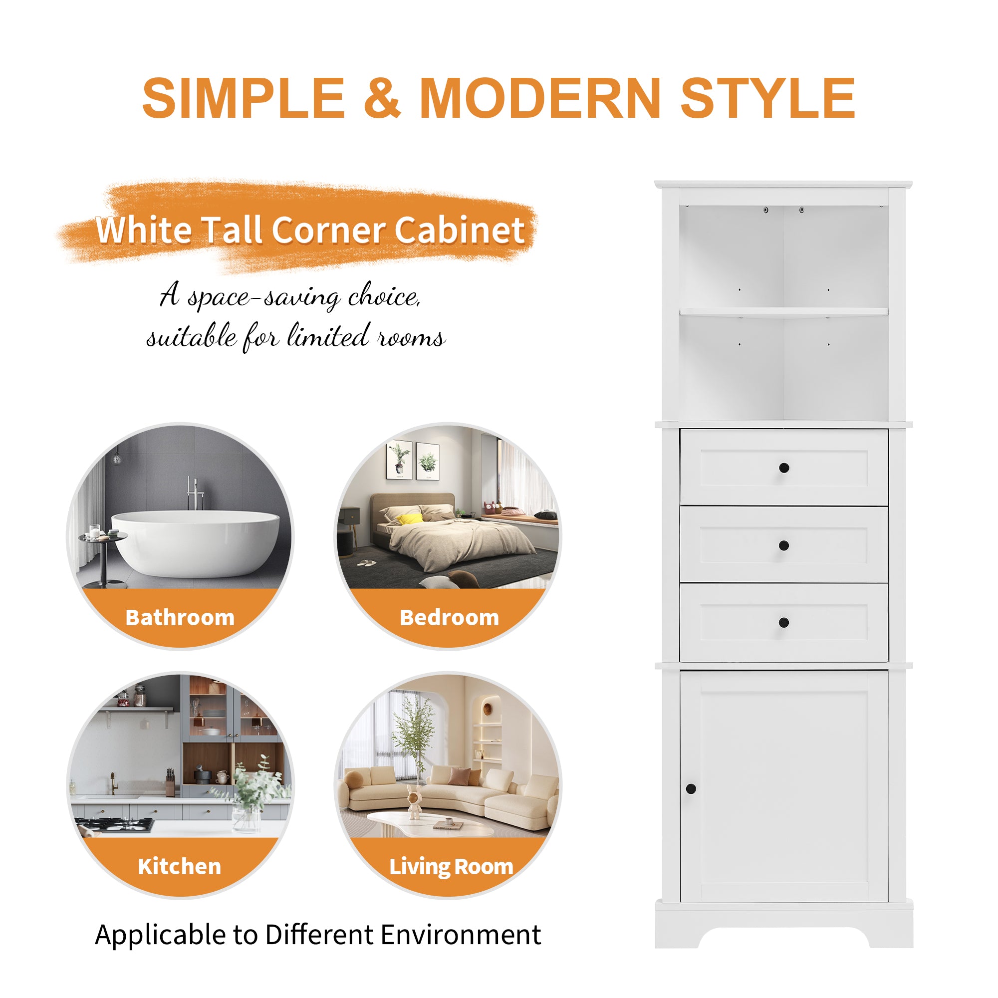 Triangle Tall Cabinet with 3 Drawers and Adjustable Shelves for Bathroom, Kitchen or Living Room, MDF Board with Painted Finish