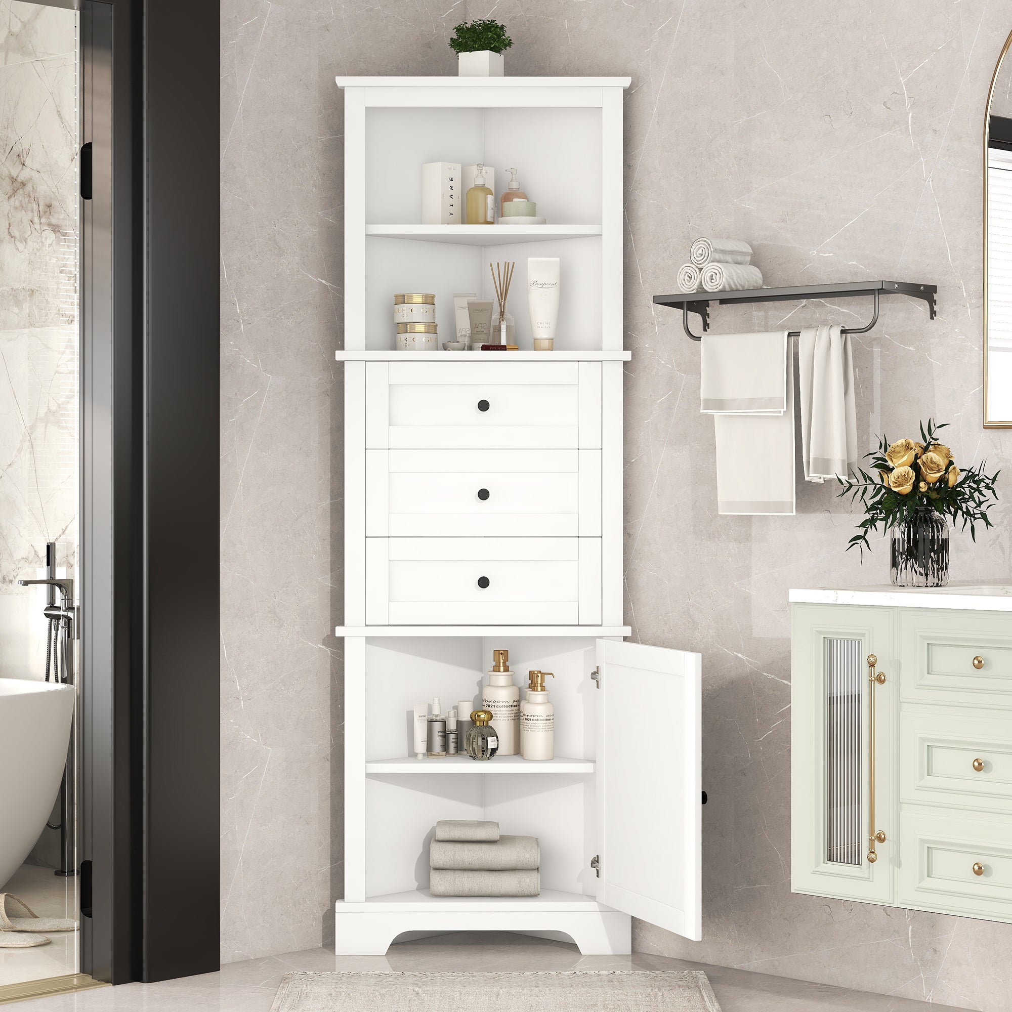 Triangle Tall Cabinet with 3 Drawers and Adjustable Shelves for Bathroom, Kitchen or Living Room, MDF Board with Painted Finish