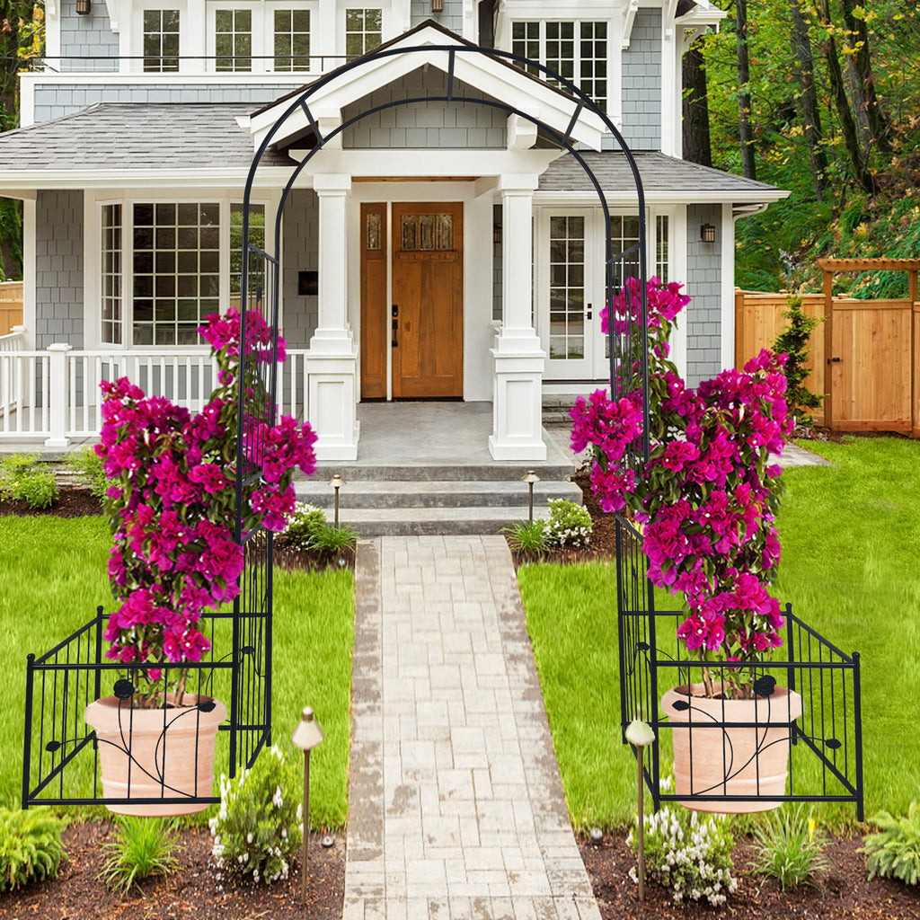 Metal Garden Arch with Gate 79.5'' Wide x 86.6'' High Climbing Plants Support Rose Arch Outdoor Black