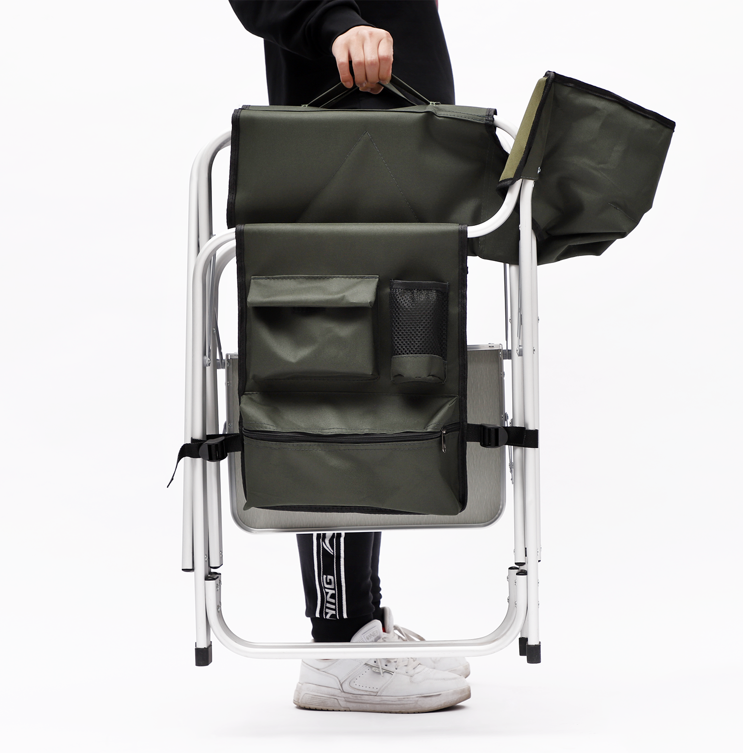 2-piece Padded Folding Outdoor Chair with Side Table and Storage Pockets,Lightweight Oversized Directors Chair for indoor, Outdoor Camping, Picnics and Fishing,Black/Grey