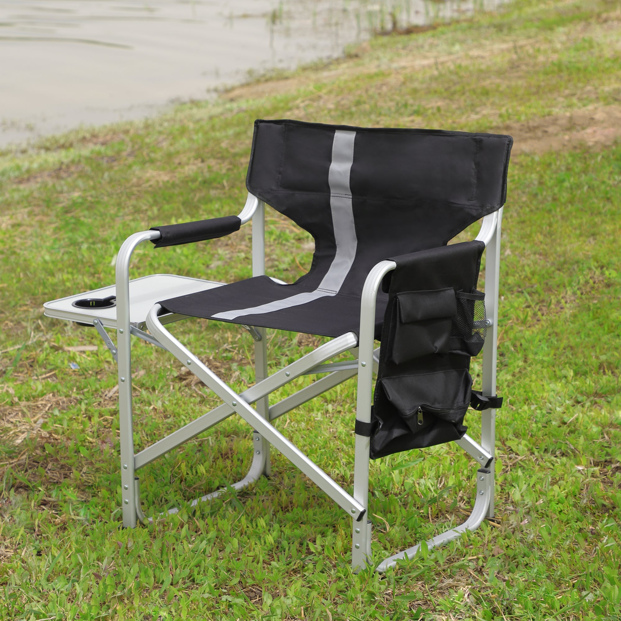 2-piece Padded Folding Outdoor Chair with Side Table and Storage Pockets,Lightweight Oversized Directors Chair for indoor, Outdoor Camping, Picnics and Fishing,Black/Grey