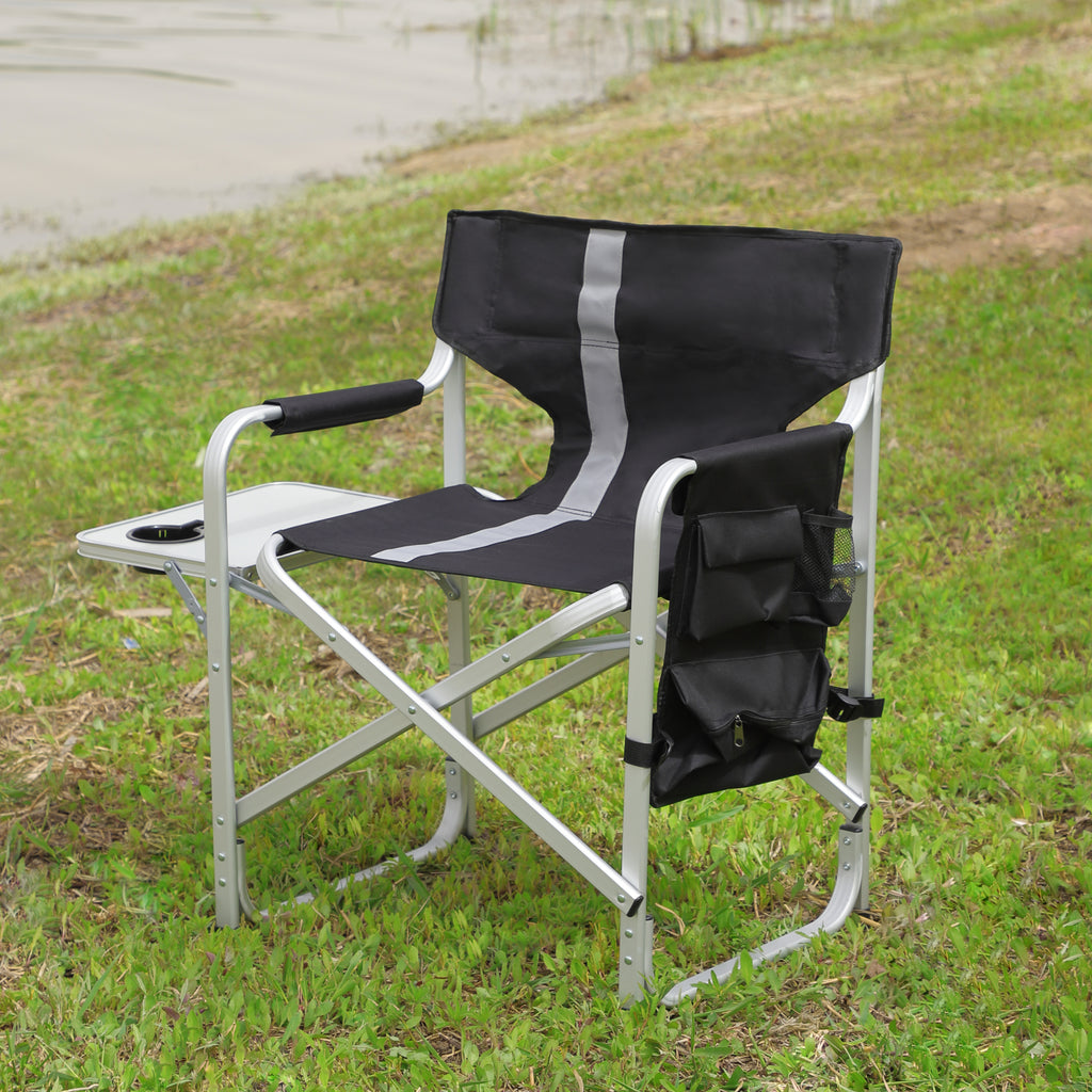 2-piece Padded Folding Outdoor Chair with Side Table and Storage Pockets,Lightweight Oversized Directors Chair for indoor, Outdoor Camping, Picnics and Fishing,Black/Grey