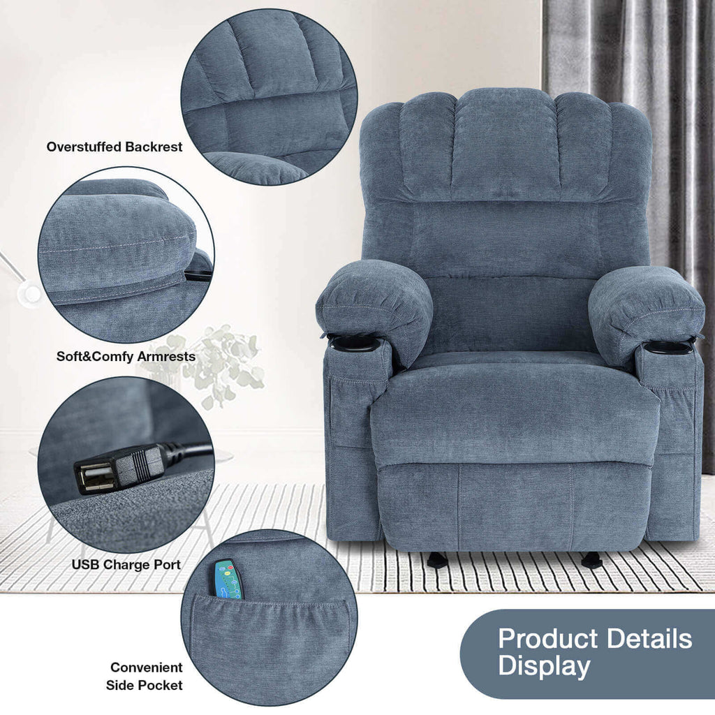 Arttoreal Rocker Recliner Chair Massage Heating Single Sofa with Side Pocket, USB Charge Port and 2 Cup Holders