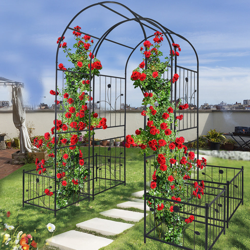 Metal Garden Arch with Gate 79.5'' Wide x 86.6'' High Climbing Plants Support Rose Arch Outdoor Black