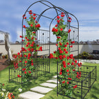 Metal Garden Arch with Gate 79.5'' Wide x 86.6'' High Climbing Plants Support Rose Arch Outdoor Black