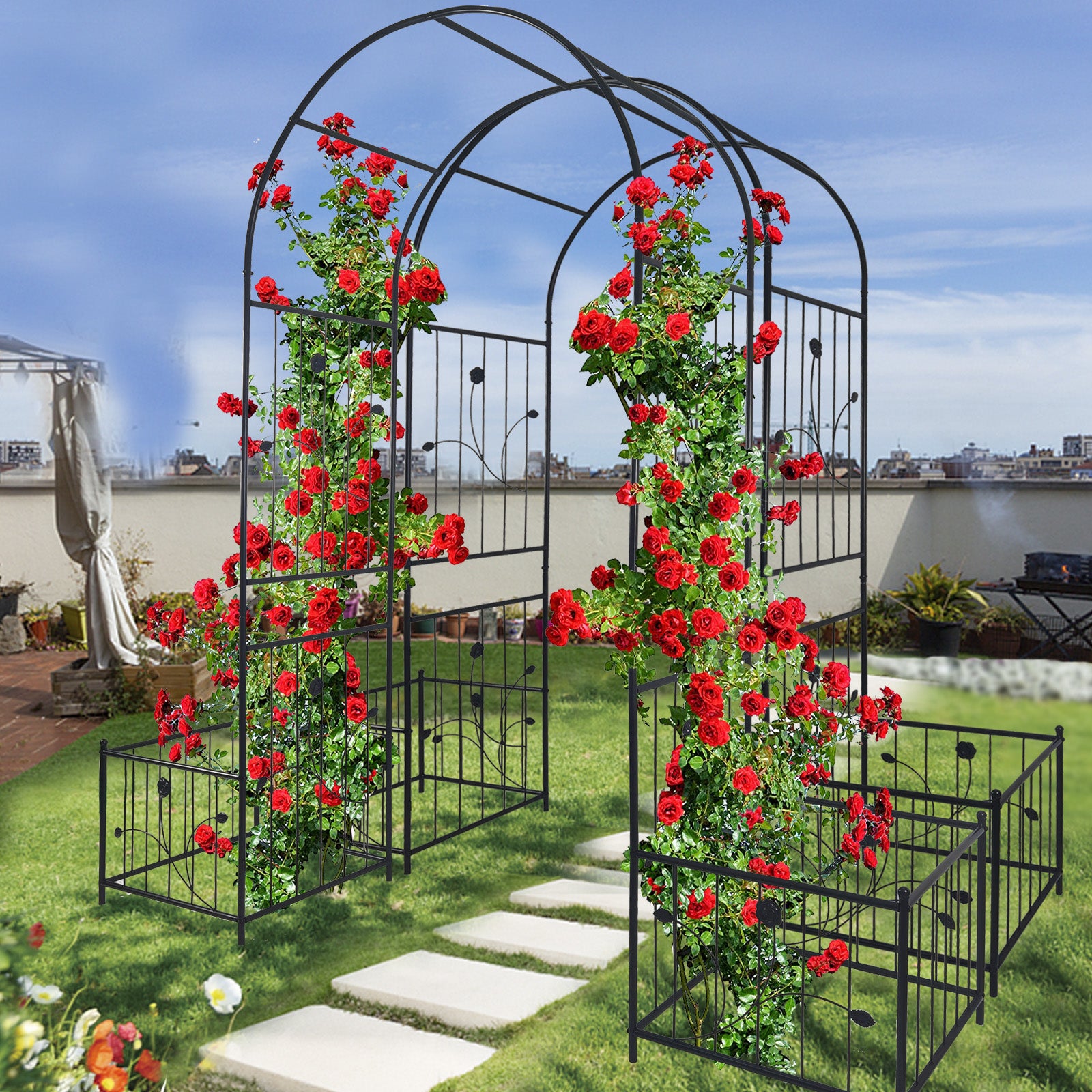 Metal Garden Arch with Gate 79.5'' Wide x 86.6'' High Climbing Plants Support Rose Arch Outdoor Black