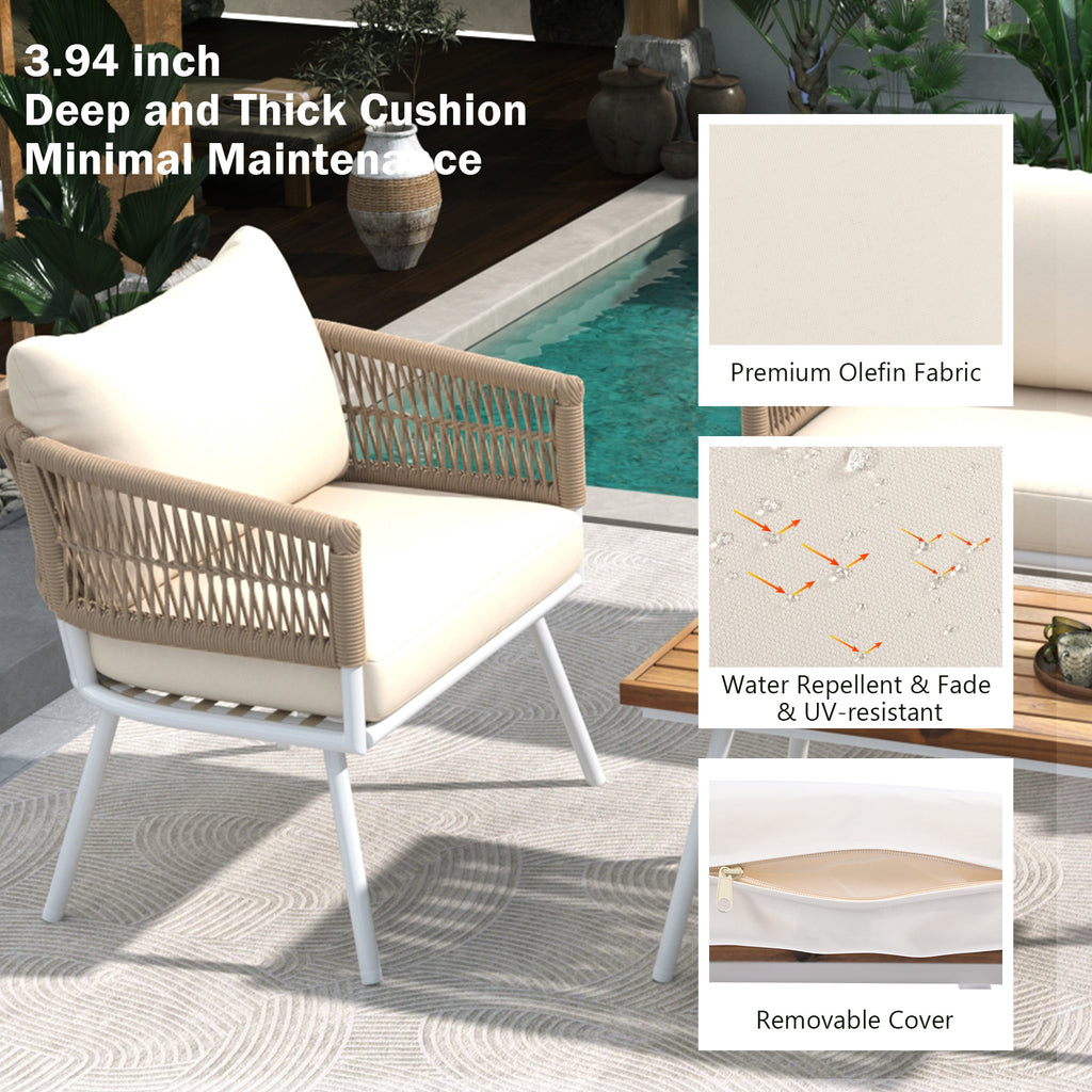 4-Piece Boho Rope Patio Furniture Set, Outdoor Furniture with Acacia Wood Table, Patio Conversation Set with Deep Seating & Thick Cushion for Backyard Porch Balcony, Beige