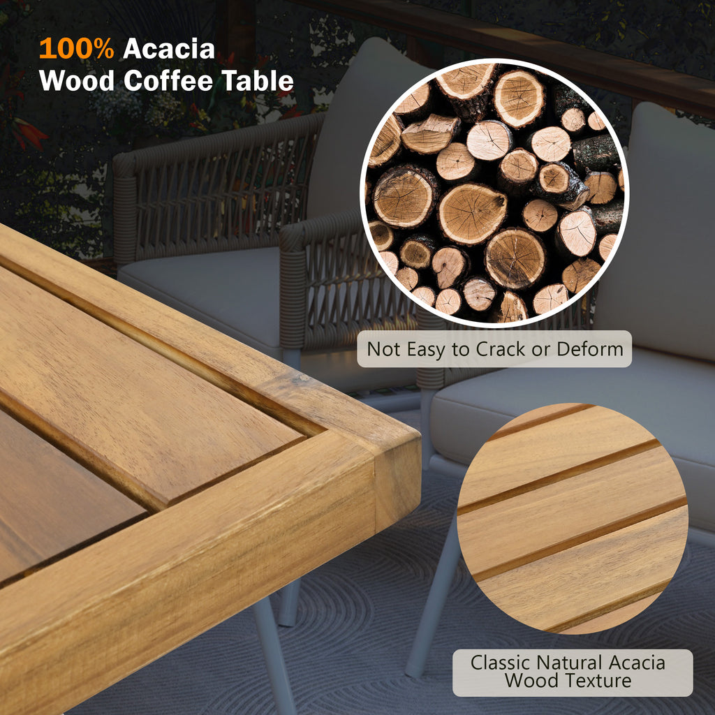 4-Piece Boho Rope Patio Furniture Set, Outdoor Furniture with Acacia Wood Table, Patio Conversation Set with Deep Seating & Thick Cushion for Backyard Porch Balcony, Beige