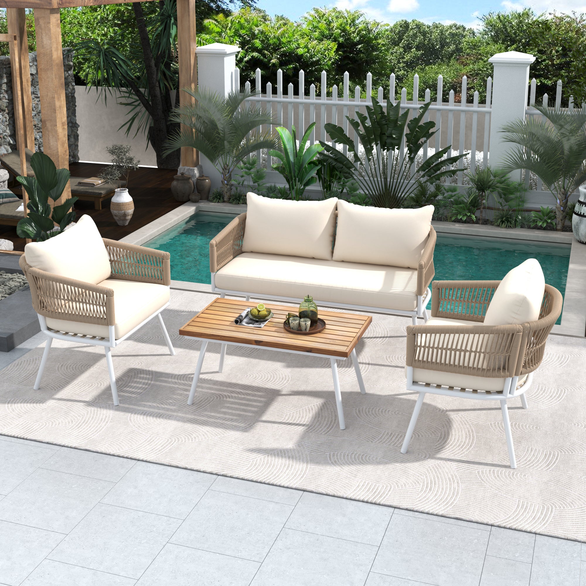 4-Piece Boho Rope Patio Furniture Set, Outdoor Furniture with Acacia Wood Table, Patio Conversation Set with Deep Seating & Thick Cushion for Backyard Porch Balcony, Beige