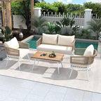 4-Piece Boho Rope Patio Furniture Set, Outdoor Furniture with Acacia Wood Table, Patio Conversation Set with Deep Seating & Thick Cushion for Backyard Porch Balcony, Beige