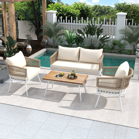 4-Piece Boho Rope Patio Furniture Set, Outdoor Furniture with Acacia Wood Table, Patio Conversation Set with Deep Seating & Thick Cushion for Backyard Porch Balcony, Beige