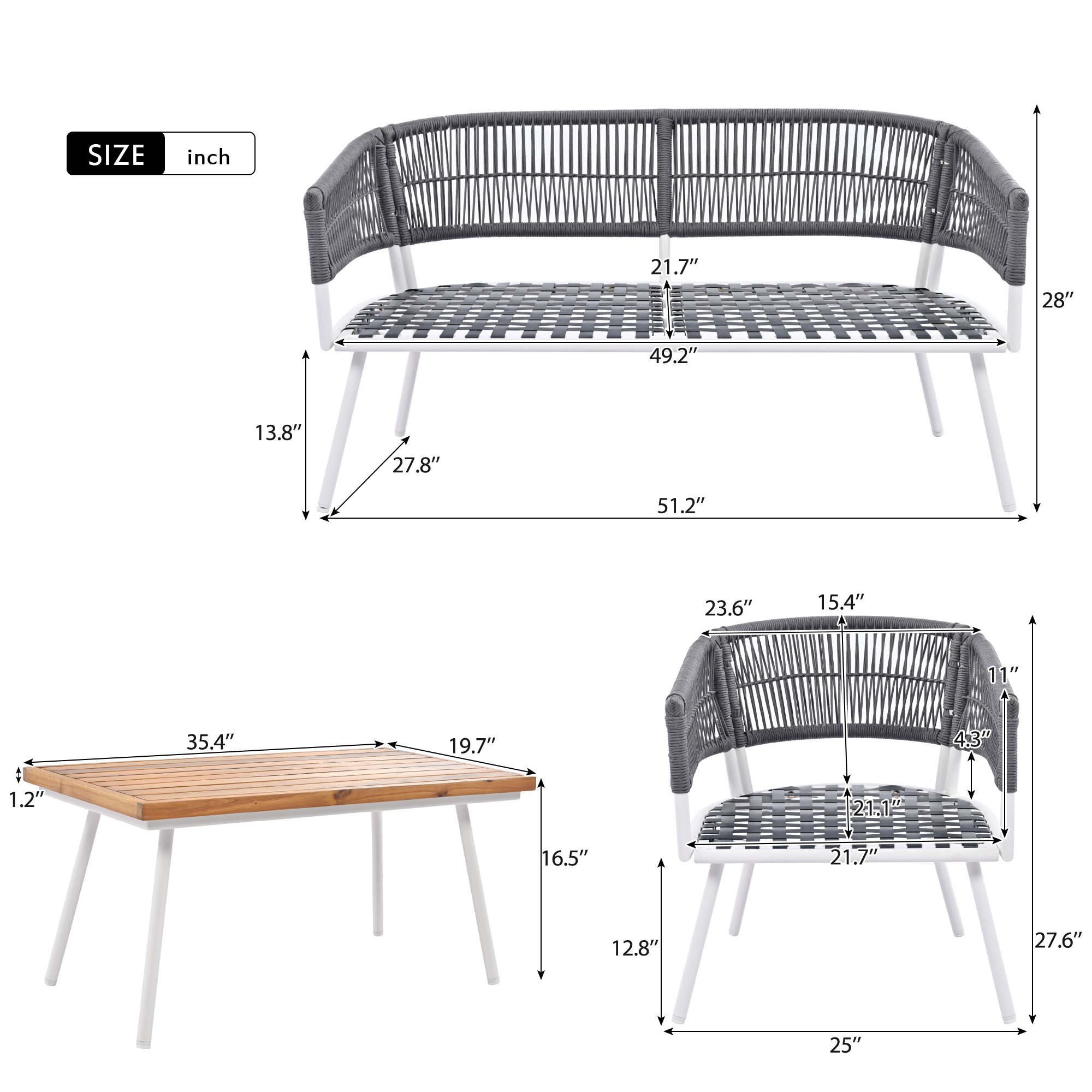 4-Piece Boho Rope Patio Furniture Set, Outdoor Furniture with Acacia Wood Table, Patio Conversation Set with Deep Seating & Thick Cushion for Backyard Porch Balcony, Beige