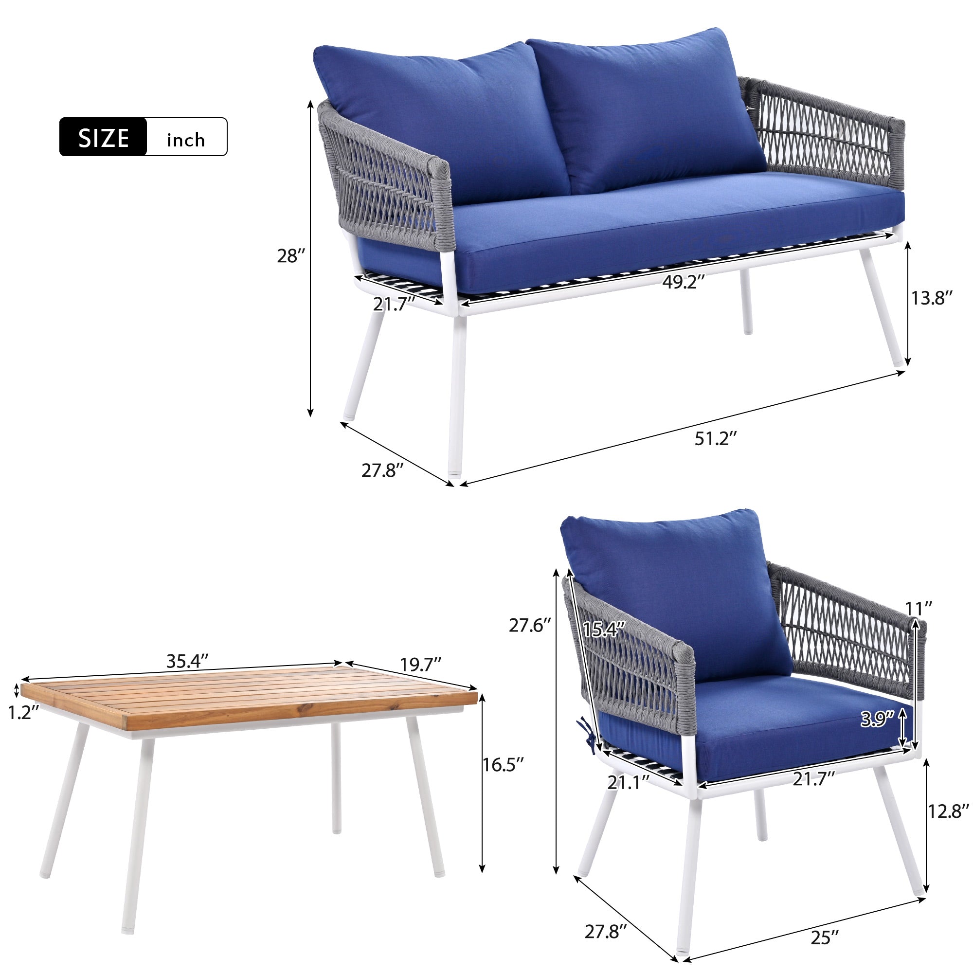 4-Piece Boho Rope Patio Furniture Set, Outdoor Furniture with Acacia Wood Table, Patio Conversation Set with Deep Seating & Thick Cushion for Backyard Porch Balcony, Beige