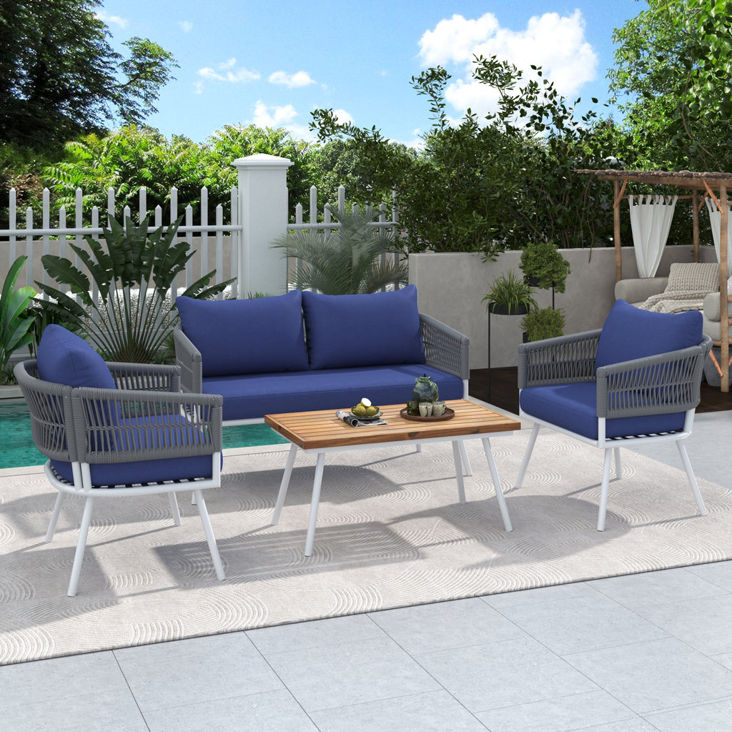 4-Piece Boho Rope Patio Furniture Set, Outdoor Furniture with Acacia Wood Table, Patio Conversation Set with Deep Seating & Thick Cushion for Backyard Porch Balcony, Beige
