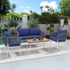 4-Piece Boho Rope Patio Furniture Set, Outdoor Furniture with Acacia Wood Table, Patio Conversation Set with Deep Seating & Thick Cushion for Backyard Porch Balcony, Beige