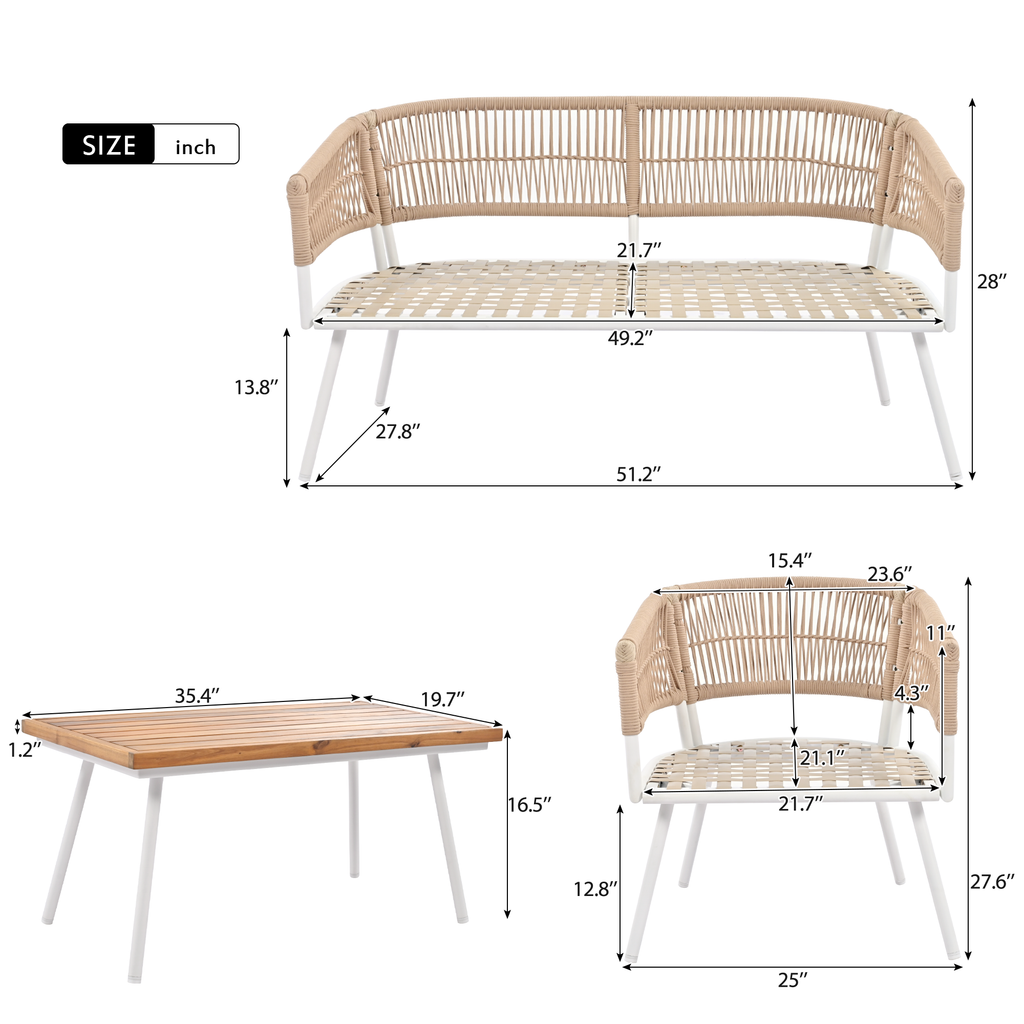 4-Piece Boho Rope Patio Furniture Set, Outdoor Furniture with Acacia Wood Table, Patio Conversation Set with Deep Seating & Thick Cushion for Backyard Porch Balcony, Beige