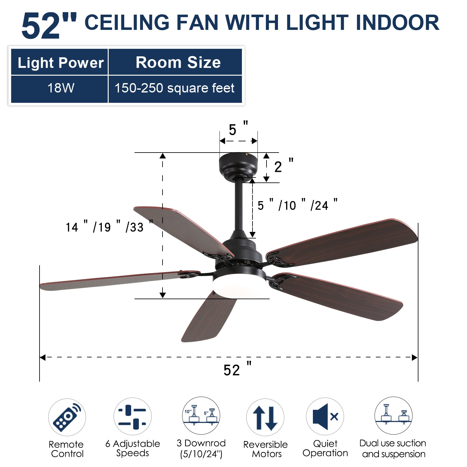 52" Ceiling Fan with LED Light, Remote, 6 Speeds, 5 Blades, DC Motor