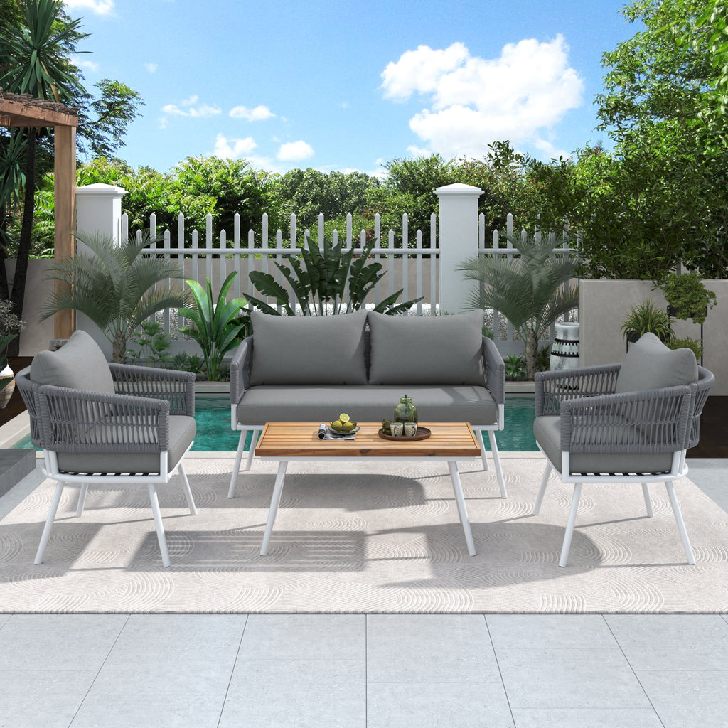 4-Piece Boho Rope Patio Furniture Set, Outdoor Furniture with Acacia Wood Table, Patio Conversation Set with Deep Seating & Thick Cushion for Backyard Porch Balcony, Beige