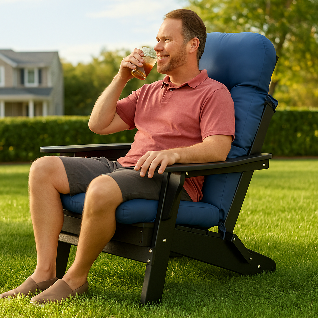 3-piece folding Adirondack chair set with cushions, patio fireplace chair, outdoor weather-resistant chair, with cup holder and coffee table, suitable for patio, backyard, and garden.