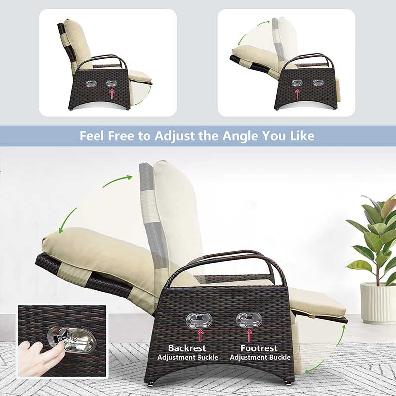 Outdoor Wicker Recliner Chair / All-Weather PE Rattan Reclining / Patio Chairs with Flip Side Table, Khaki