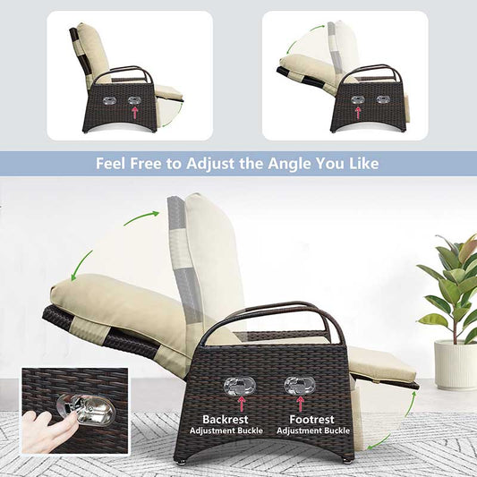 Outdoor Wicker Recliner Chair / All-Weather PE Rattan Reclining / Patio Chairs with Flip Side Table, Khaki