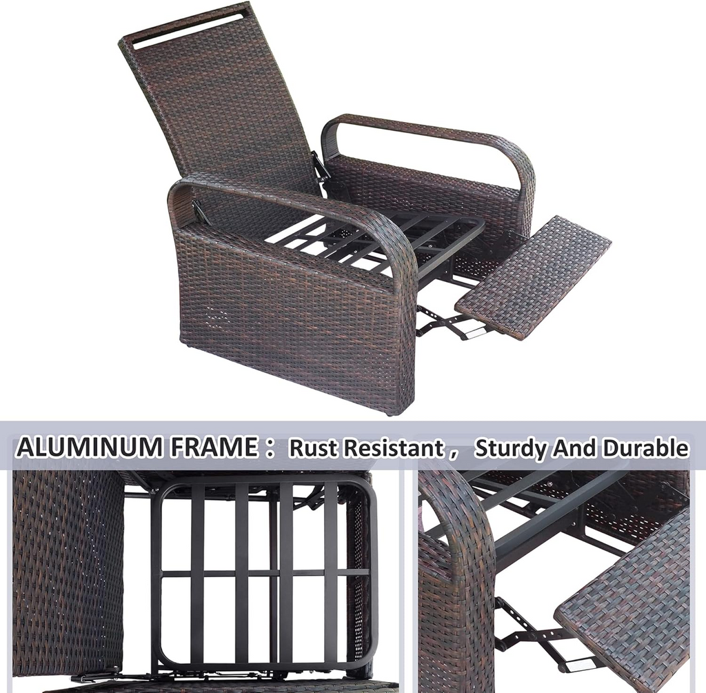 Arttoreal Outdoor Wicker Recliner / Rattan Sofa Recliner / Aluminum Frame Recliner Chair / Patio Furniture Single Armchair with Cushion