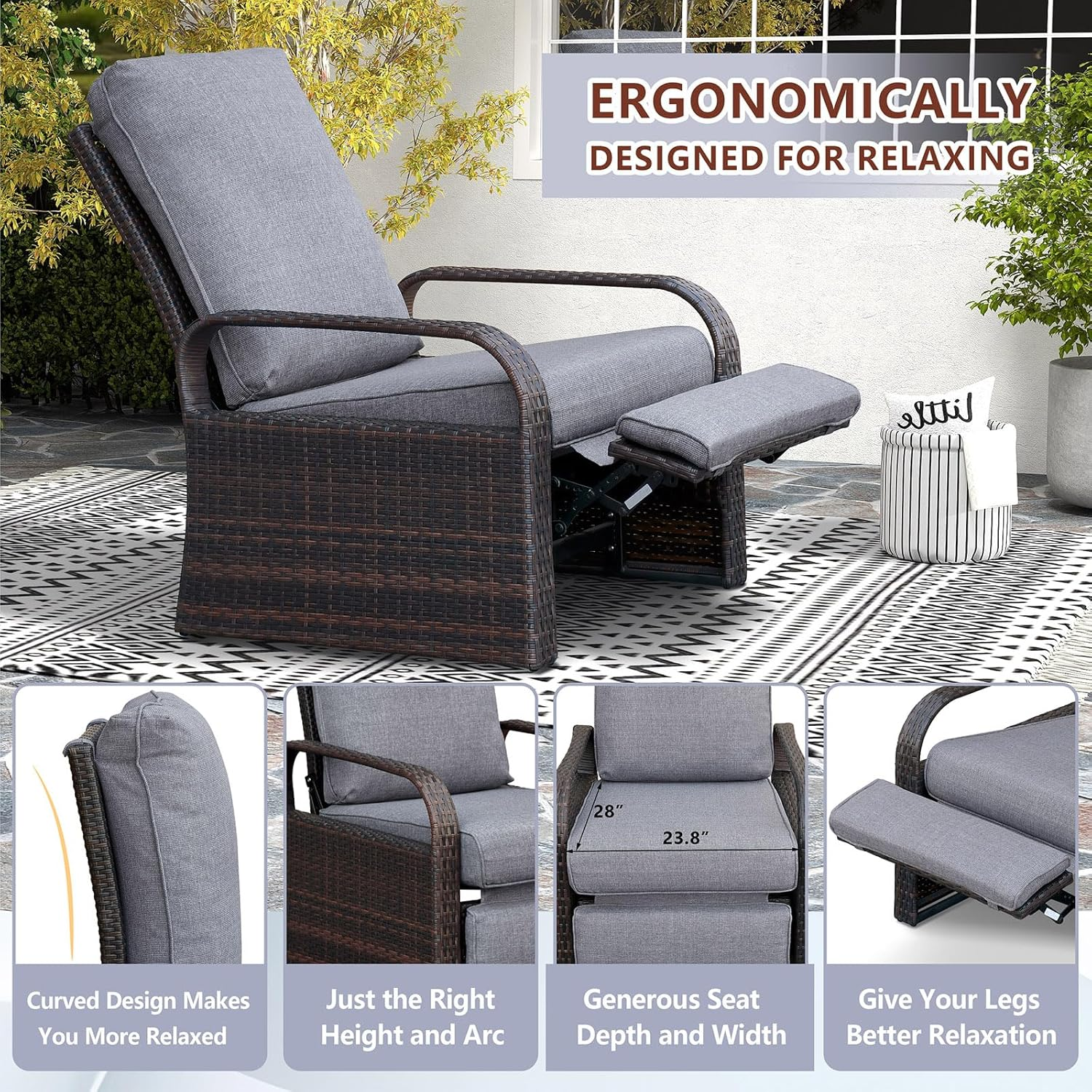 Arttoreal Outdoor Wicker Recliner / Rattan Sofa Recliner / Aluminum Frame Recliner Chair / Patio Furniture Single Armchair with Cushion