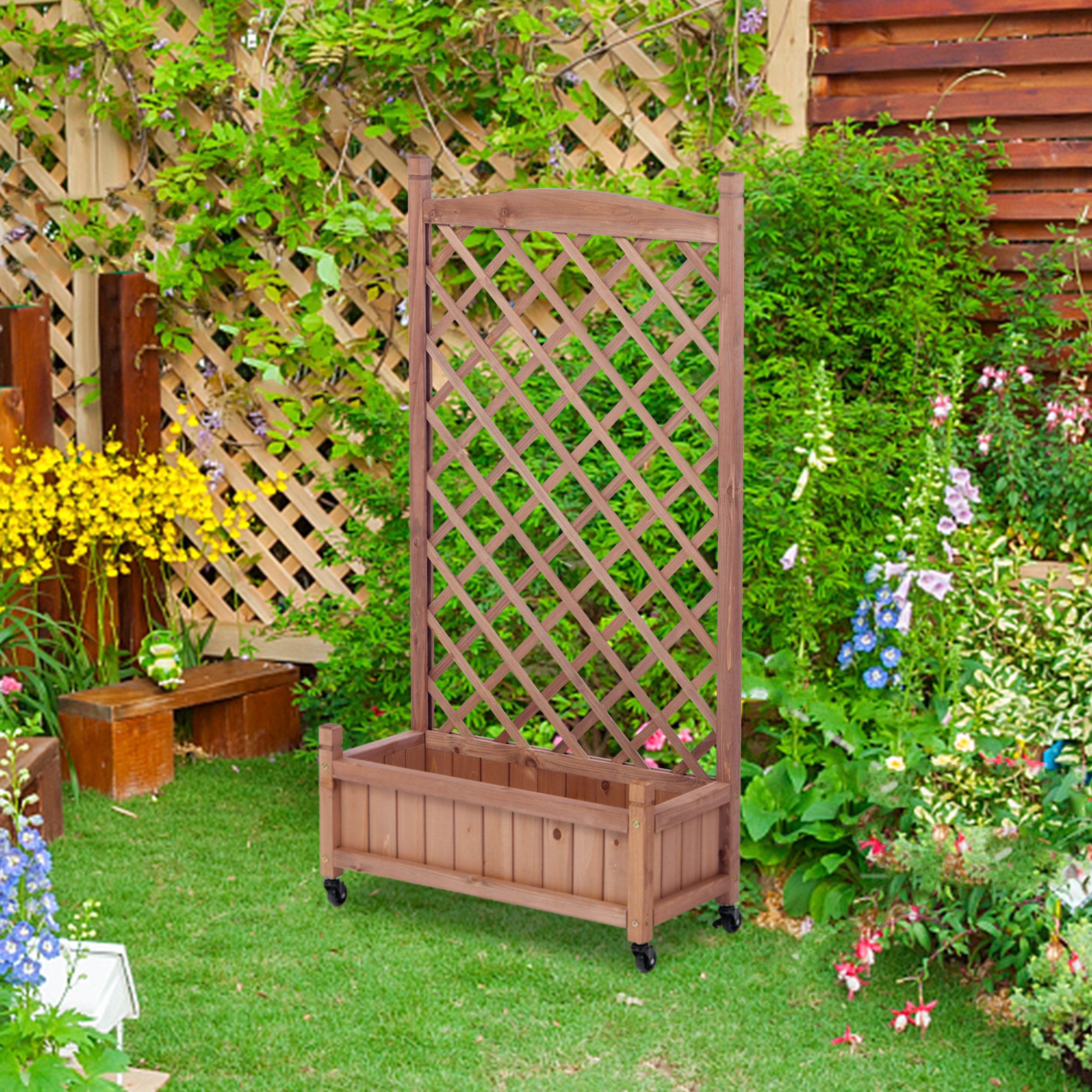 Raised Garden Beds with Trellis (Pack of 2), Outdoor Wooden Flower Boxes and Plant Stands with Climbing Frames