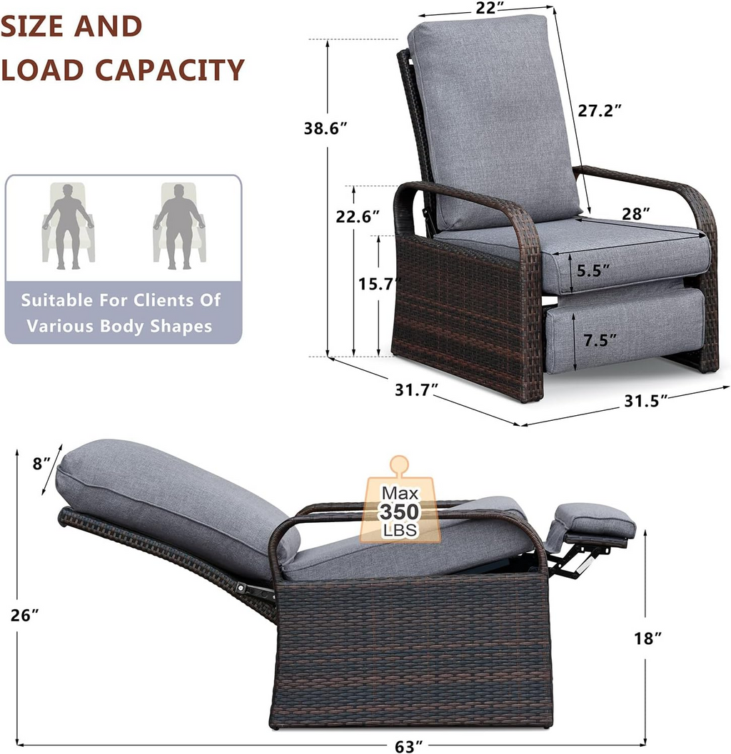 Arttoreal Outdoor Wicker Recliner / Rattan Sofa Recliner / Aluminum Frame Recliner Chair / Patio Furniture Single Armchair with Cushion