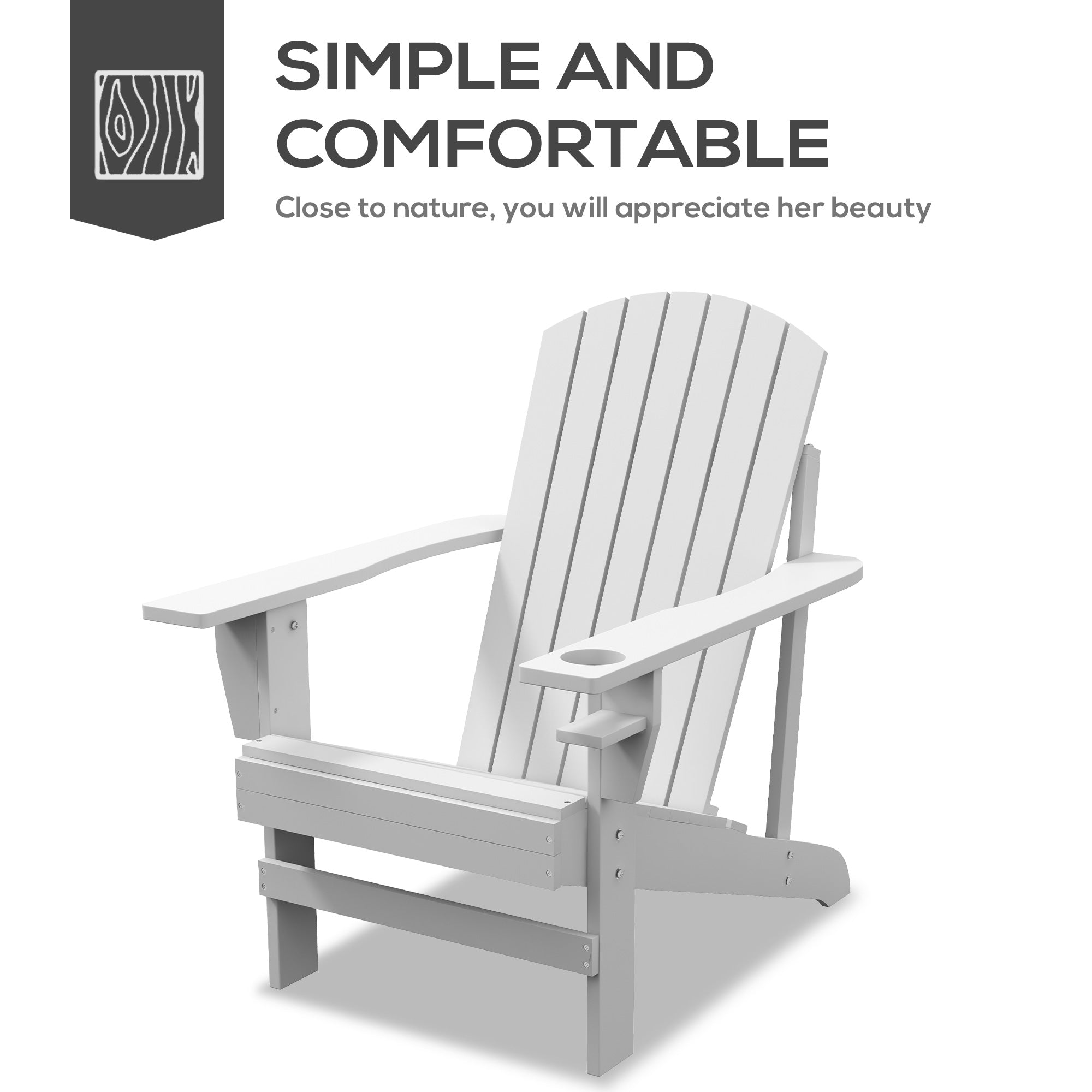 Wooden Adirondack Chair, Outdoor Patio Lawn Chair with Cup Holder, Weather Resistant Lawn Furniture, Classic Lounge Chair for Deck, Garden, Backyard, Fire Pit, White