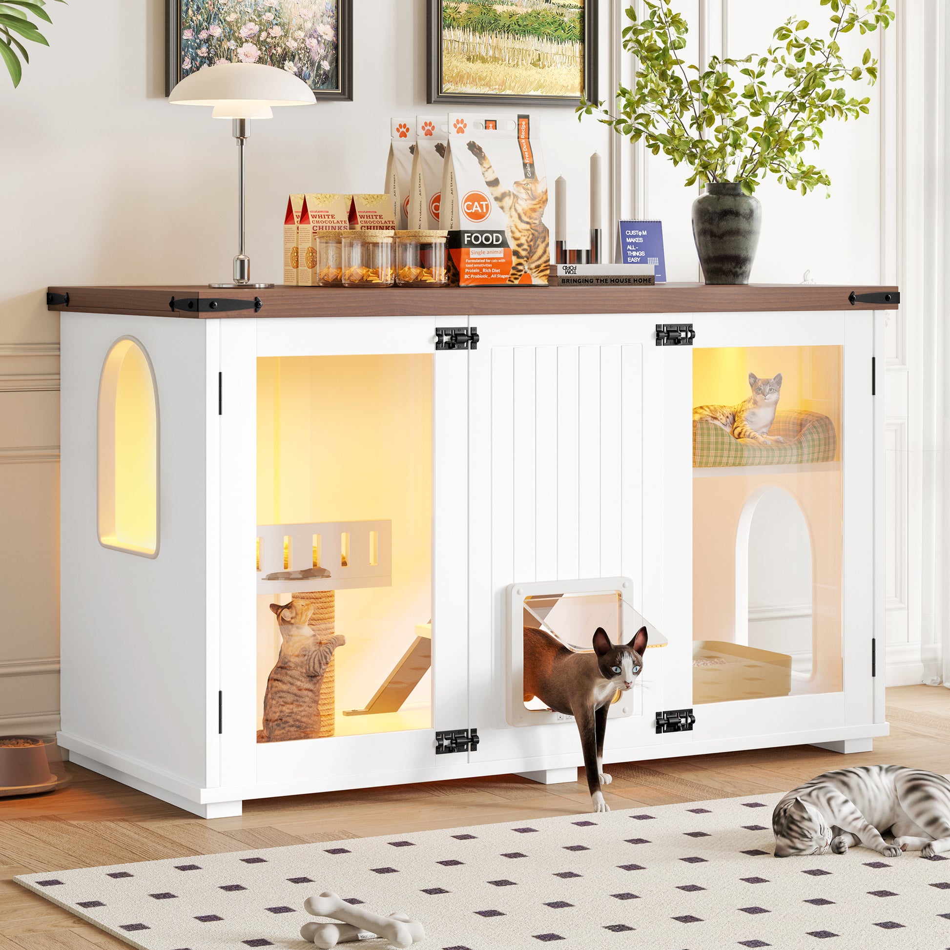 White Cat Furniture: Litter Box Enclosure with LED, Stairs Side