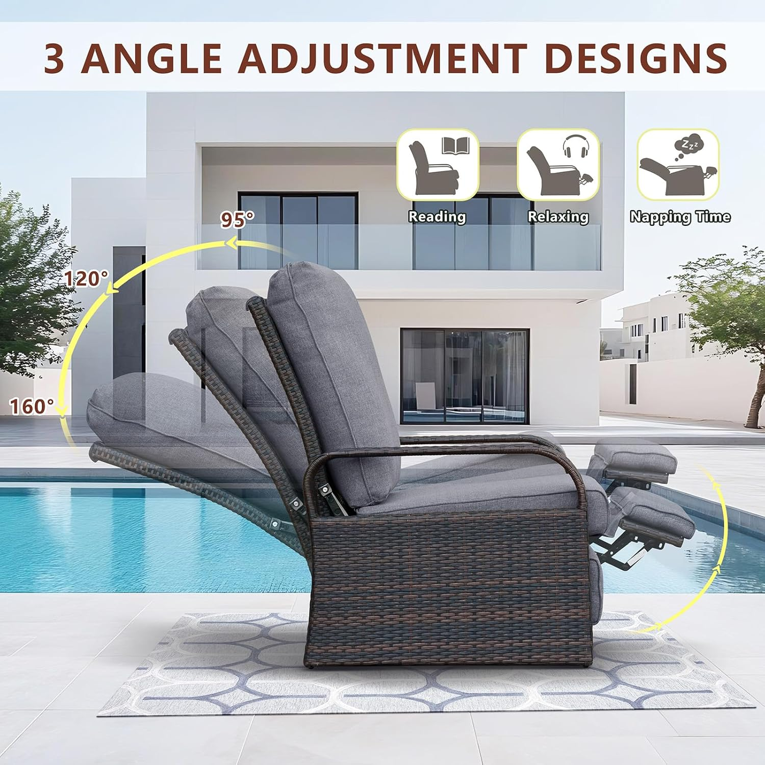Arttoreal Outdoor Wicker Recliner / Rattan Sofa Recliner / Aluminum Frame Recliner Chair / Patio Furniture Single Armchair with Cushion