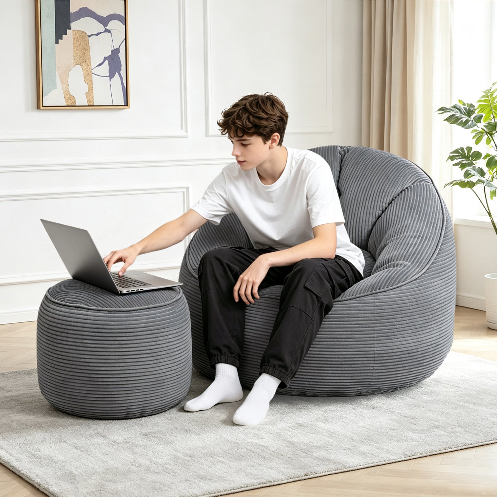 Arttoreal Bean Bag Chair with Foot Stool, 40.5" Corduroy Bean Bag Sofa for Living Room Bedroom