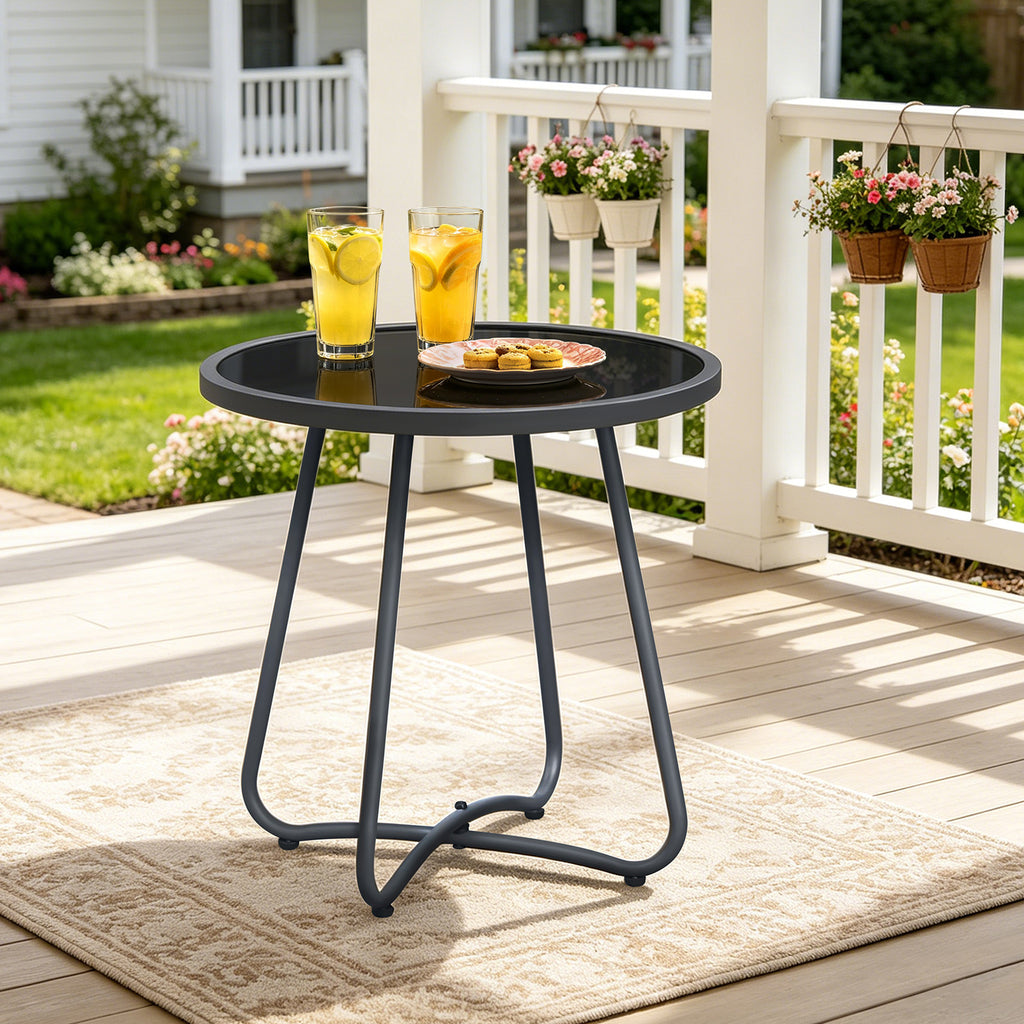 Arttoreal  Outdoor Side Table, 17.3" Round Glass Top Patio End Table, 17.7" Height with Metal Frame for Backyard, Deck, Balcony