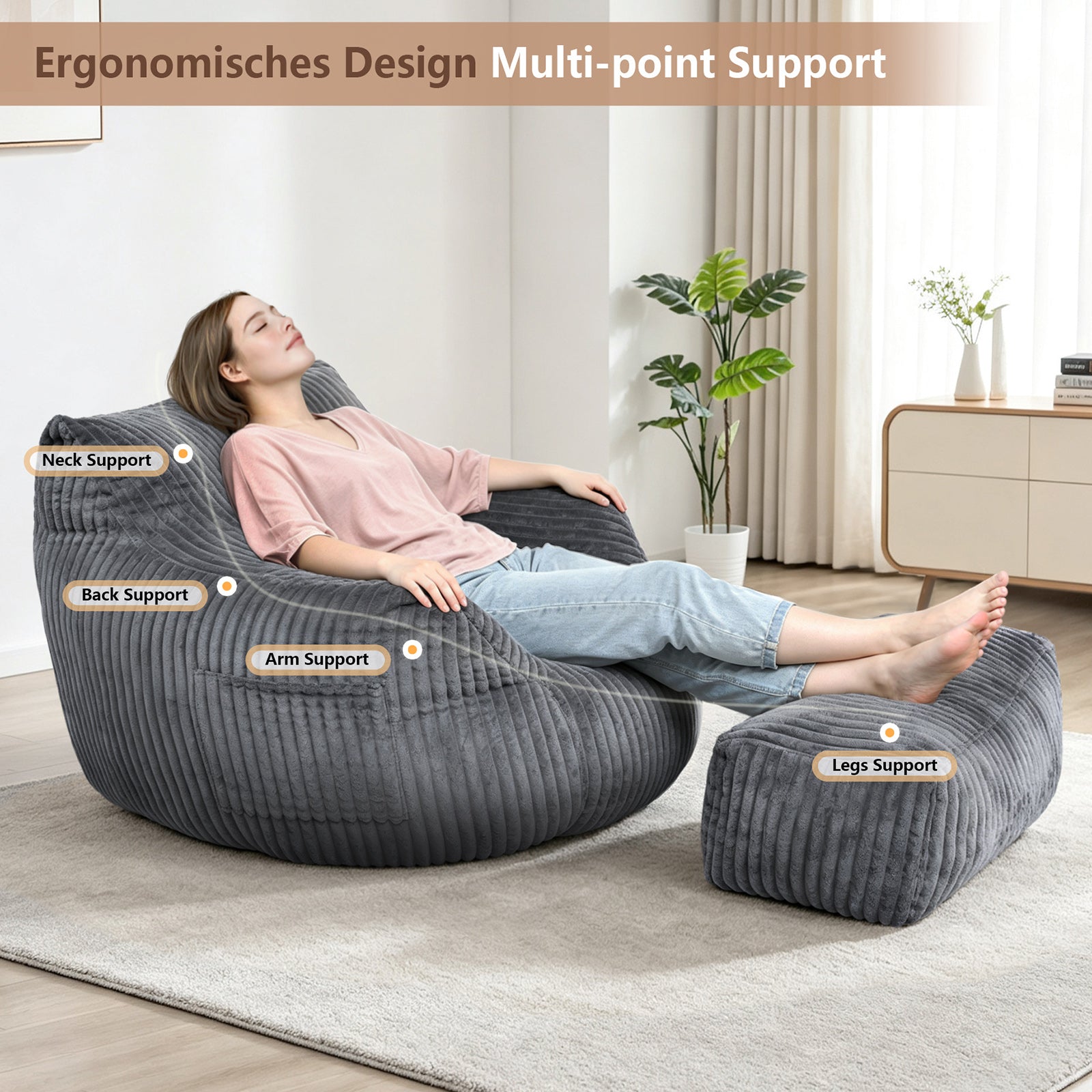 Arttoreal Bean Bag Chair with Ottoman, Corduroy Beanbag Sofa with Footrest for Adults, Grey