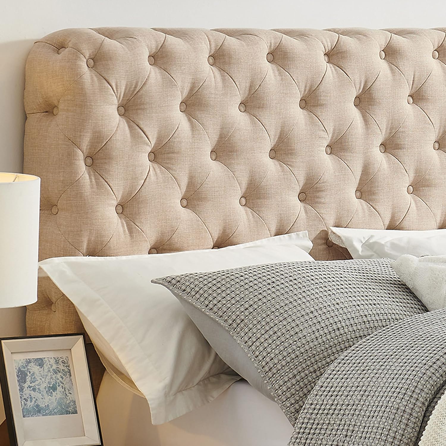 Upholstered Tufted Platform Bed with Deep Button Tufting and Custom Gold Metal Legs, Queen Size Bed Frame, Easy to Assemble, Queen Size Bed Frame