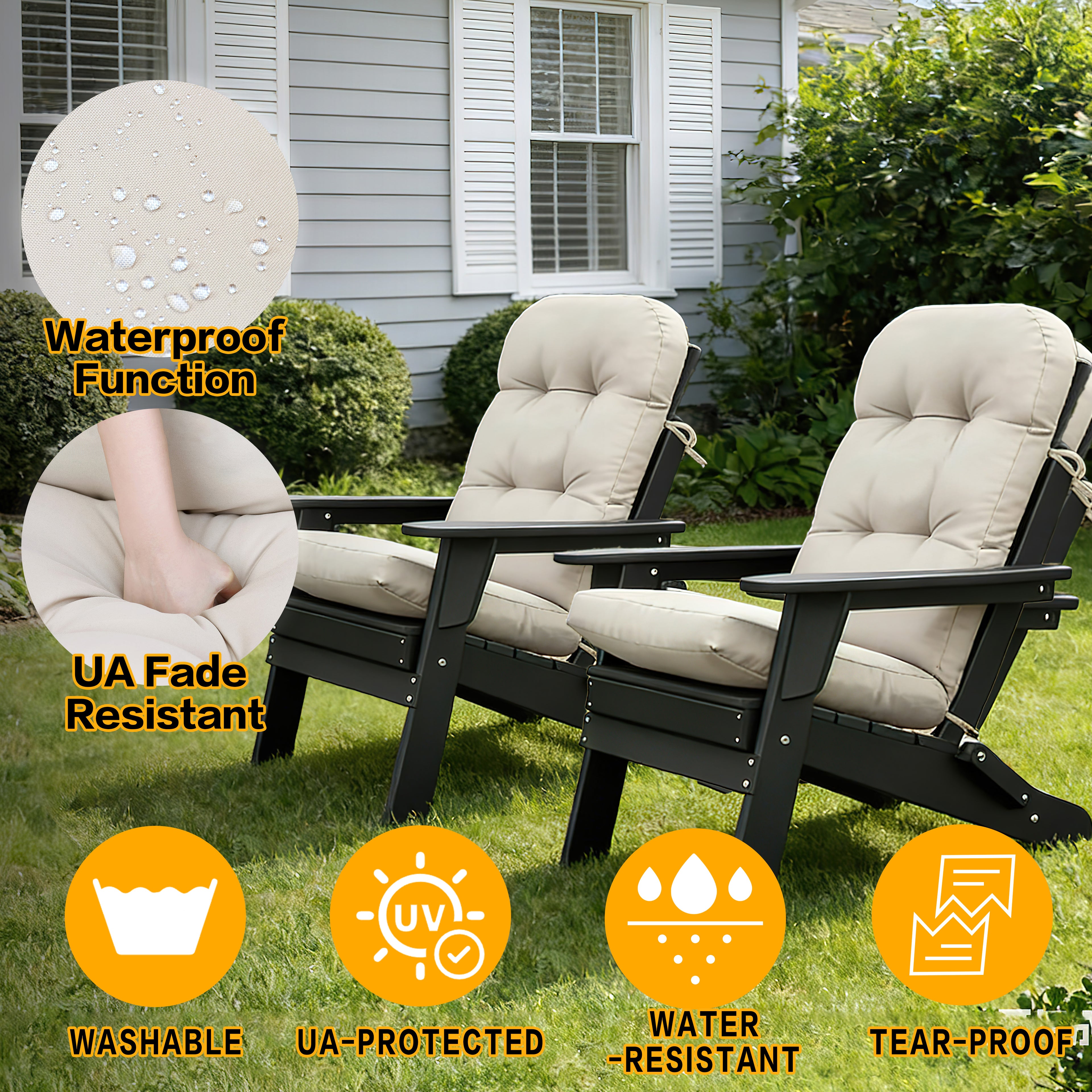 3-piece folding Adirondack chair set with cushions, patio fireplace chair, outdoor weather-resistant chair, with cup holder and coffee table, suitable for patio, backyard, and garden.