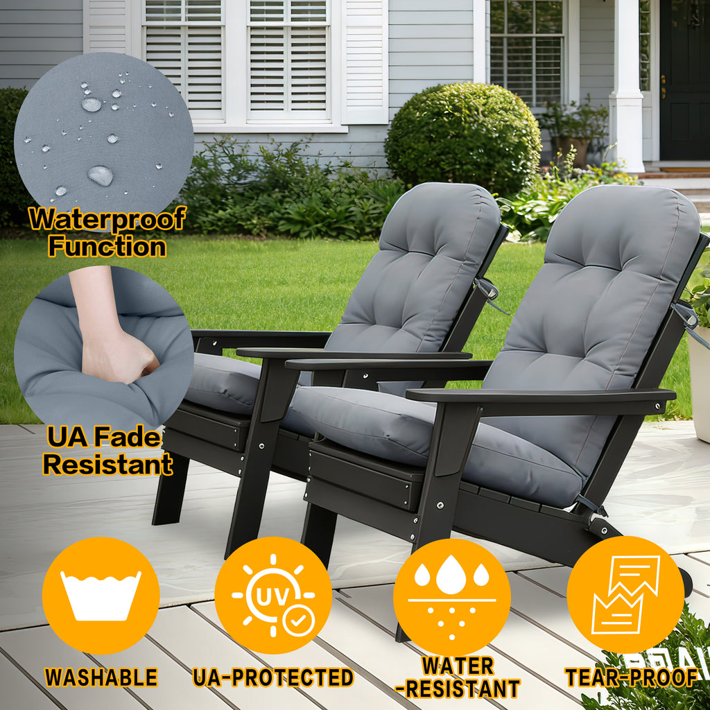3-piece folding Adirondack chair set with cushions, patio fireplace chair, outdoor weather-resistant chair, with cup holder and coffee table, suitable for patio, backyard, and garden.