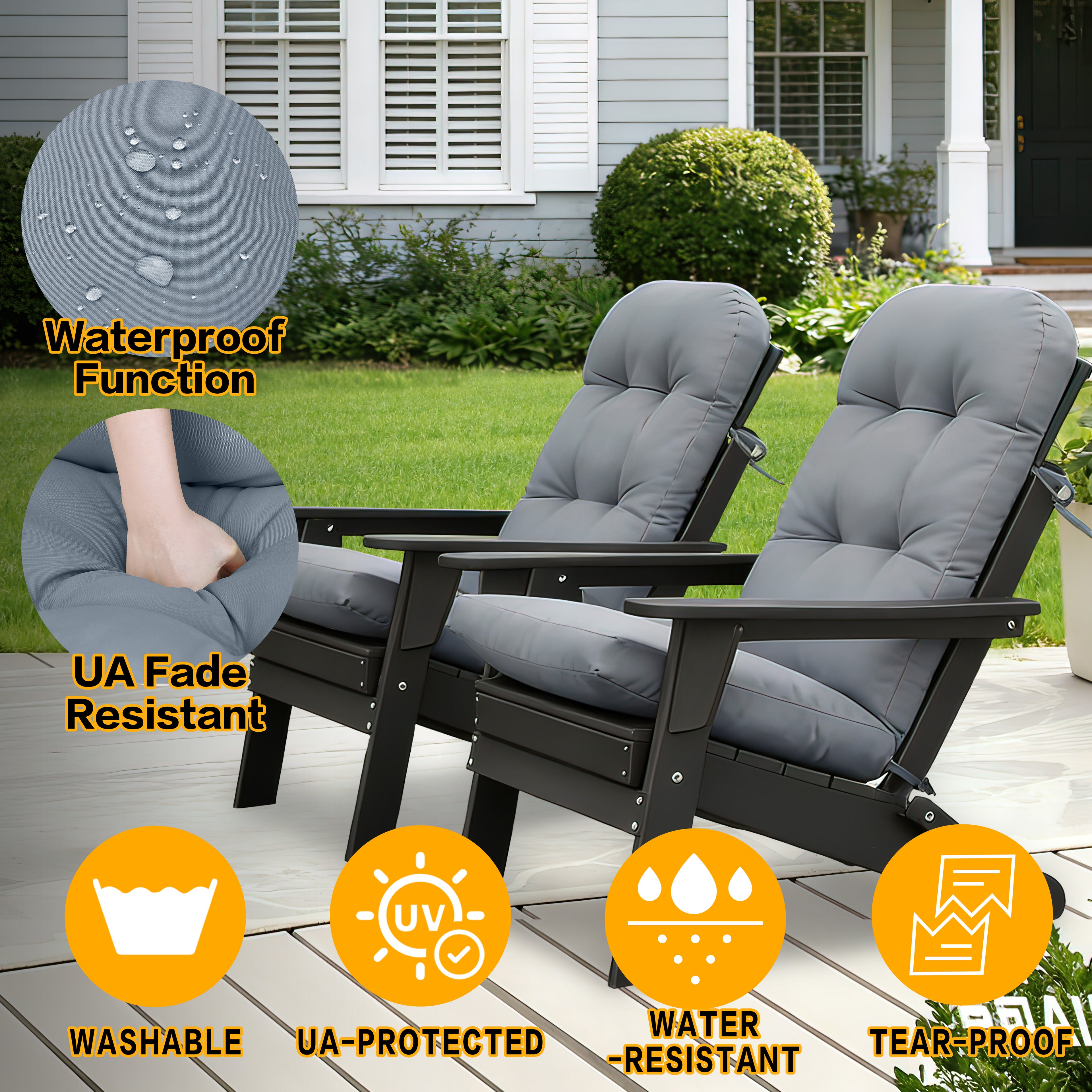 3-piece folding Adirondack chair set with cushions, patio fireplace chair, outdoor weather-resistant chair, with cup holder and coffee table, suitable for patio, backyard, and garden.